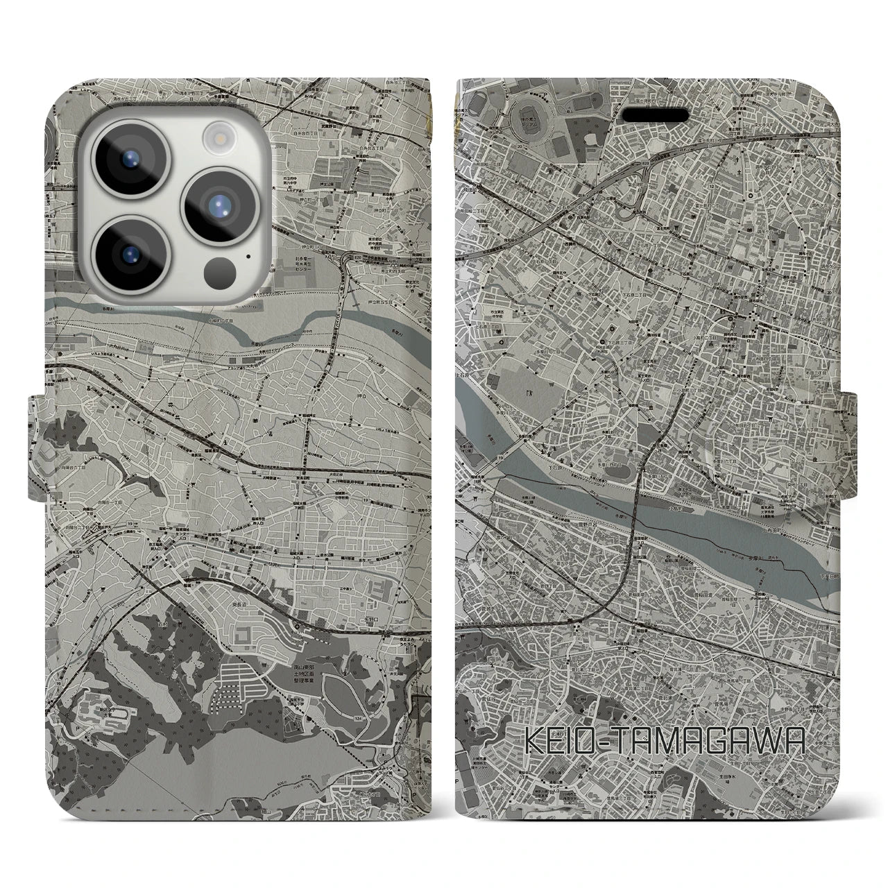 【京王多摩川(東京都)】地図柄iPhoneケース(手帳タイプ)モノトーン・iPhone 15 Pro 用