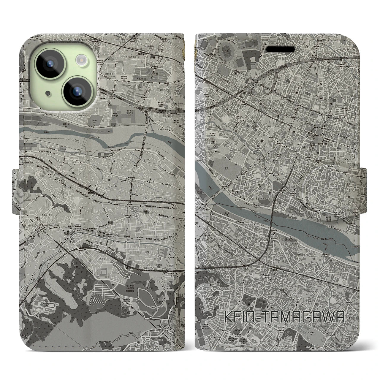 【京王多摩川(東京都)】地図柄iPhoneケース(手帳タイプ)モノトーン・iPhone 15 用