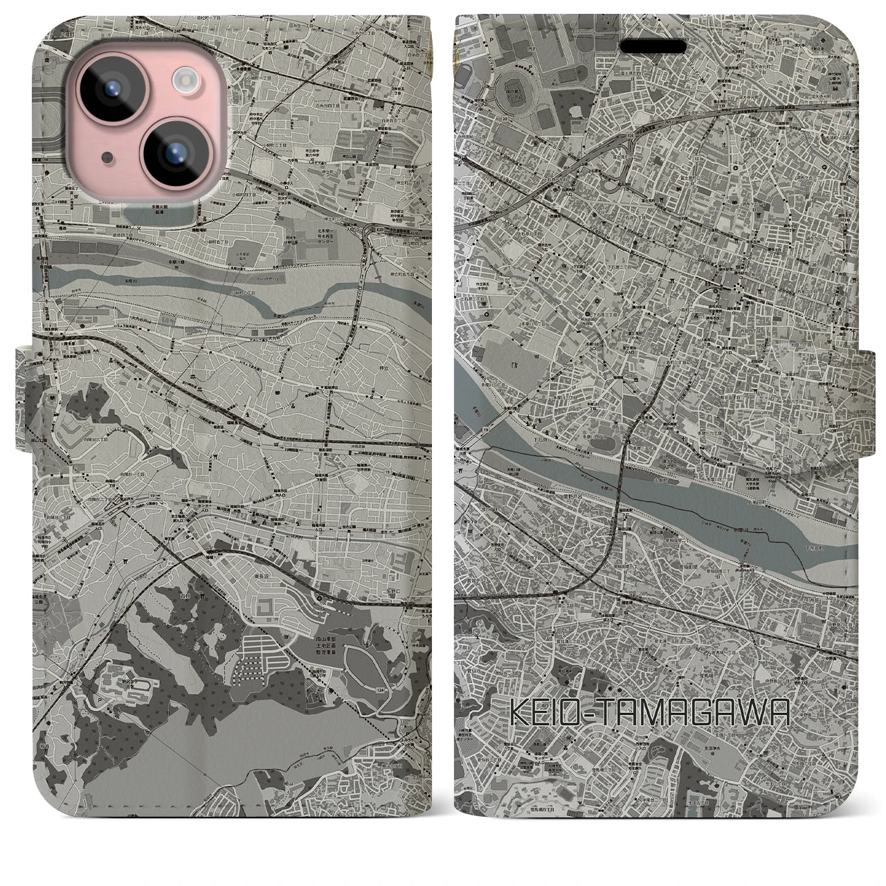 【京王多摩川(東京都)】地図柄iPhoneケース(手帳タイプ)モノトーン・iPhone 15 Plus 用