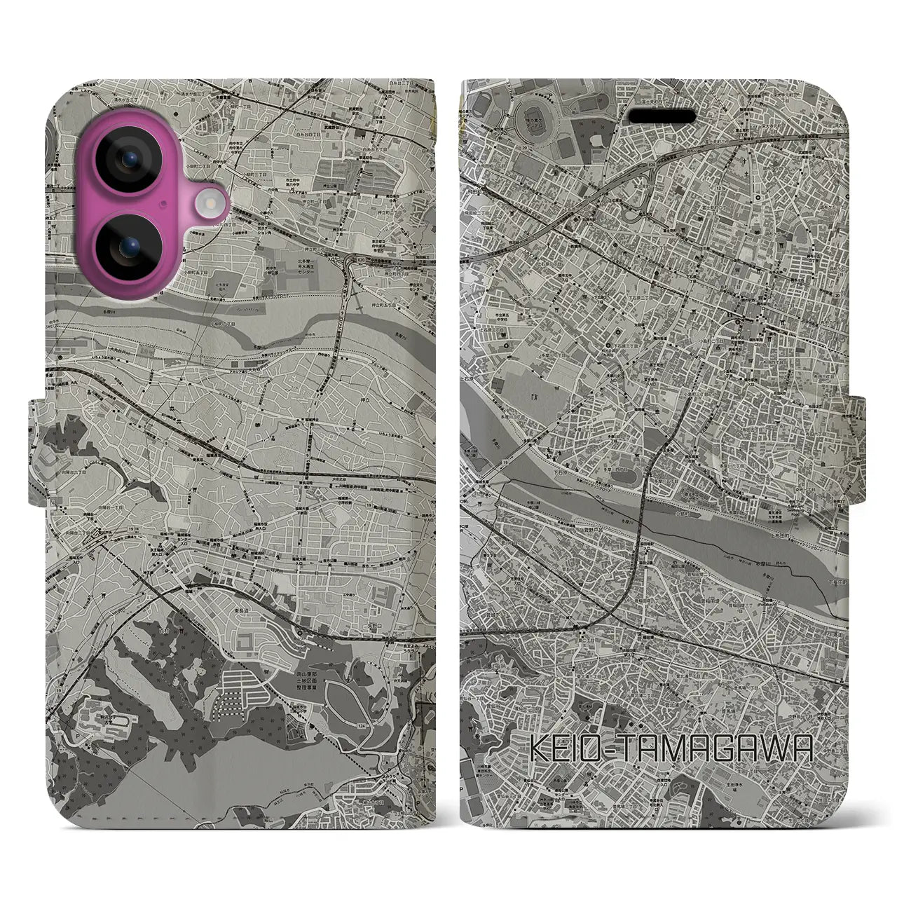 【京王多摩川(東京都)】地図柄iPhoneケース(手帳タイプ)モノトーン・iPhone 16 Pro 用