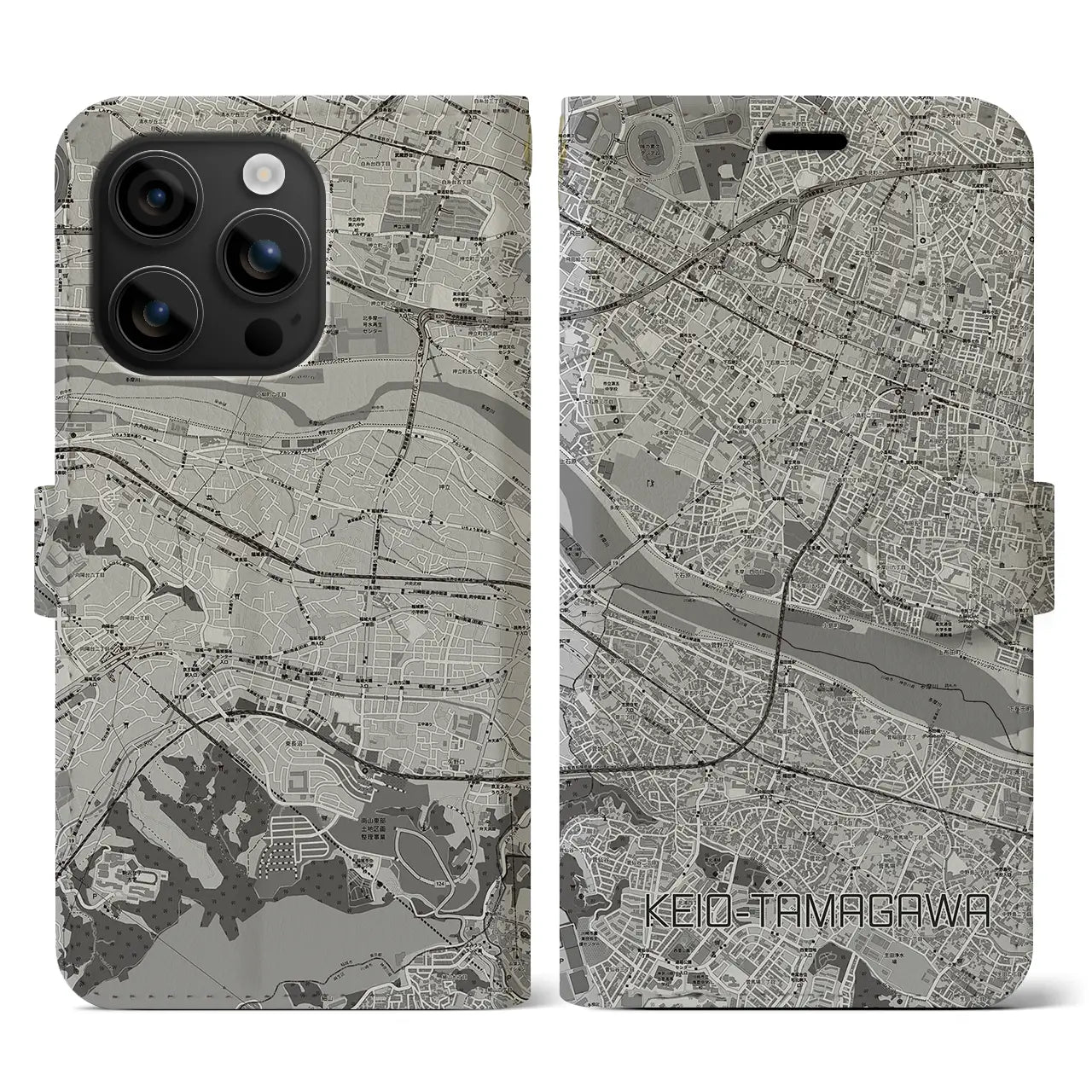 【京王多摩川(東京都)】地図柄iPhoneケース(手帳タイプ)モノトーン・iPhone 16 用