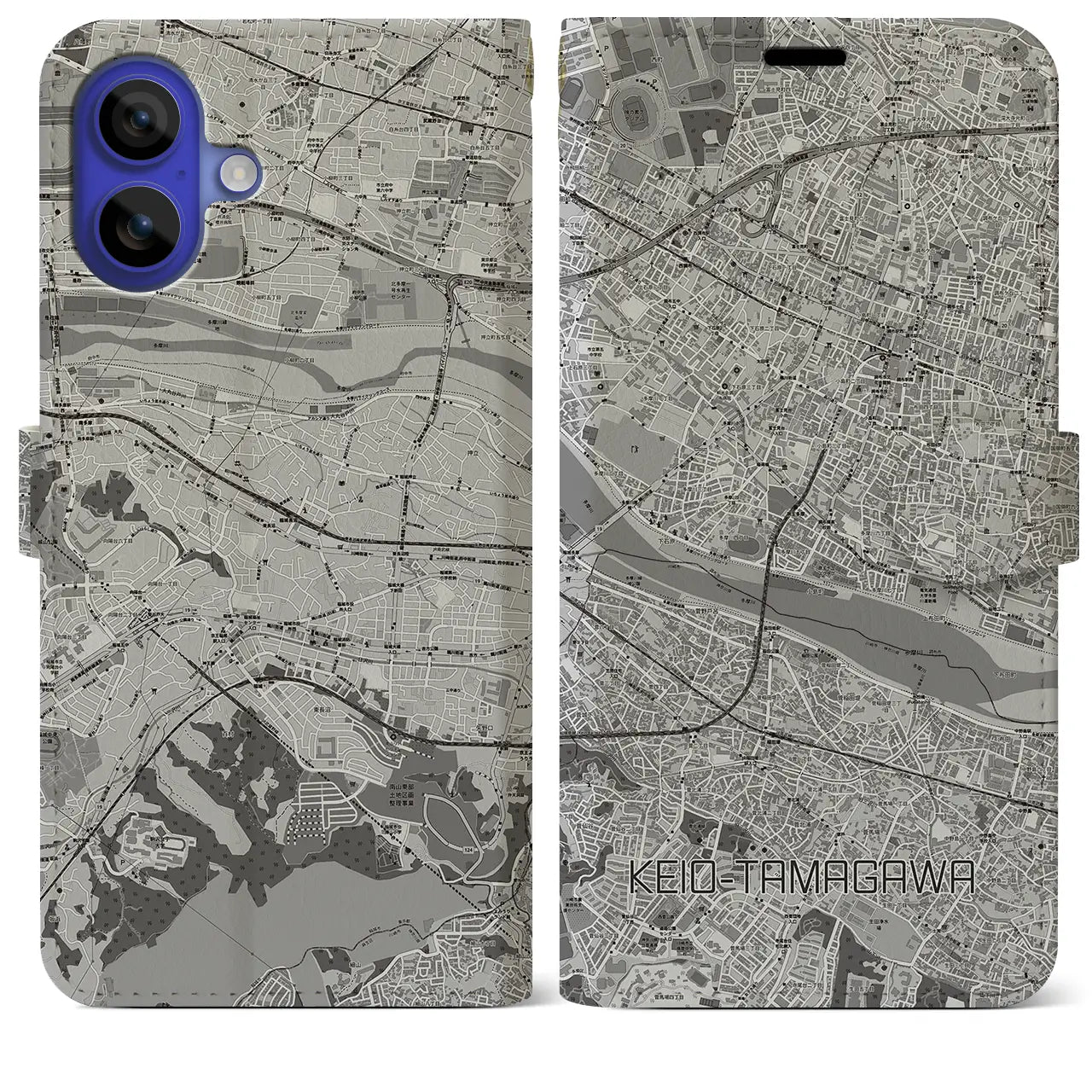 【京王多摩川(東京都)】地図柄iPhoneケース(手帳タイプ)モノトーン・iPhone 16 Pro Max 用