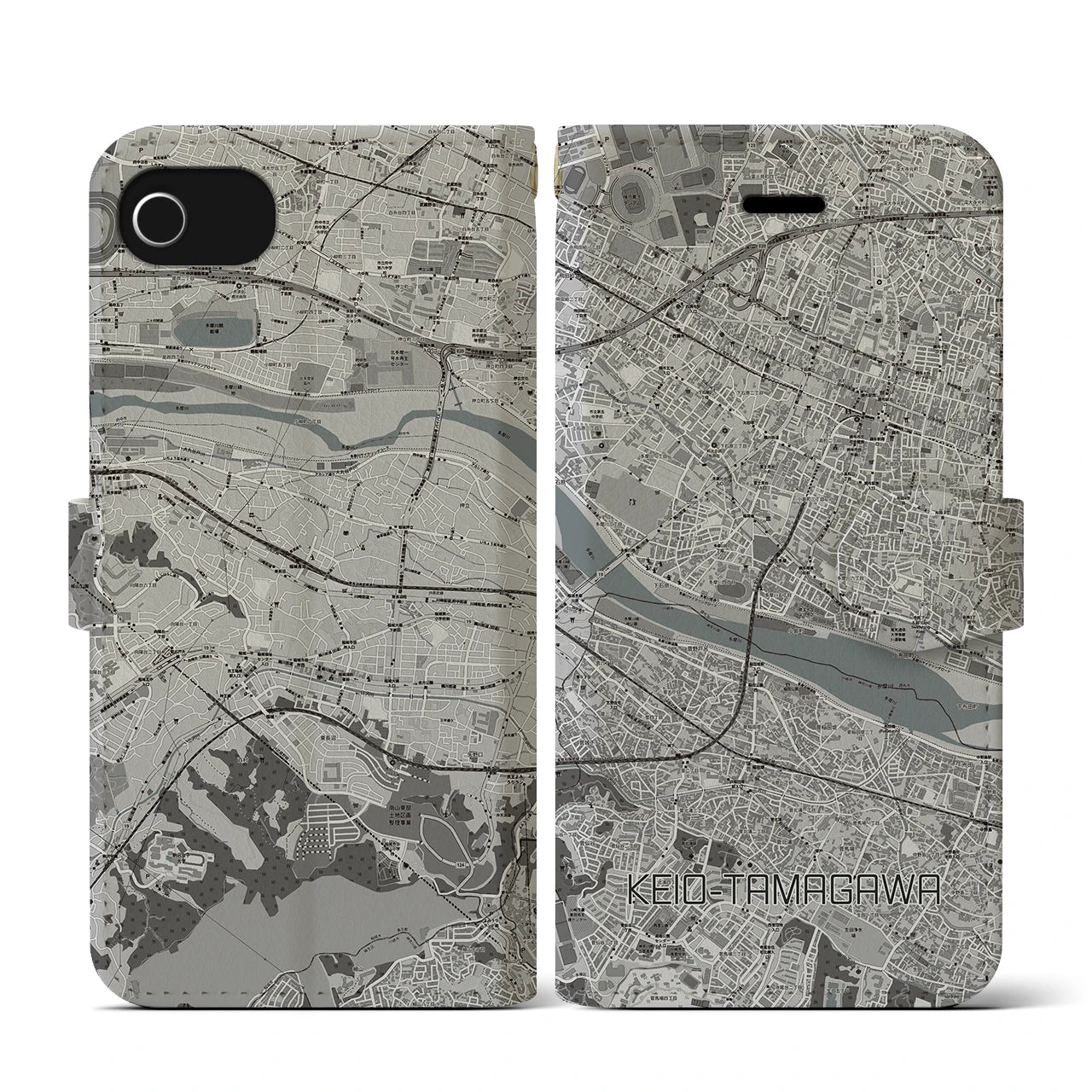 【京王多摩川(東京都)】地図柄iPhoneケース(手帳タイプ)モノトーン・iPhone SE(第3 / 第2世代) / 8 / 7 / 6s / 6 用