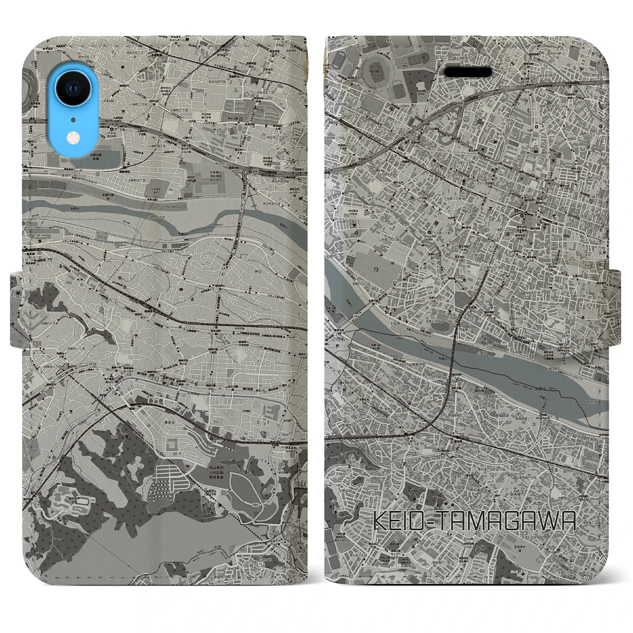 【京王多摩川(東京都)】地図柄iPhoneケース(手帳タイプ)モノトーン・iPhone XR 用