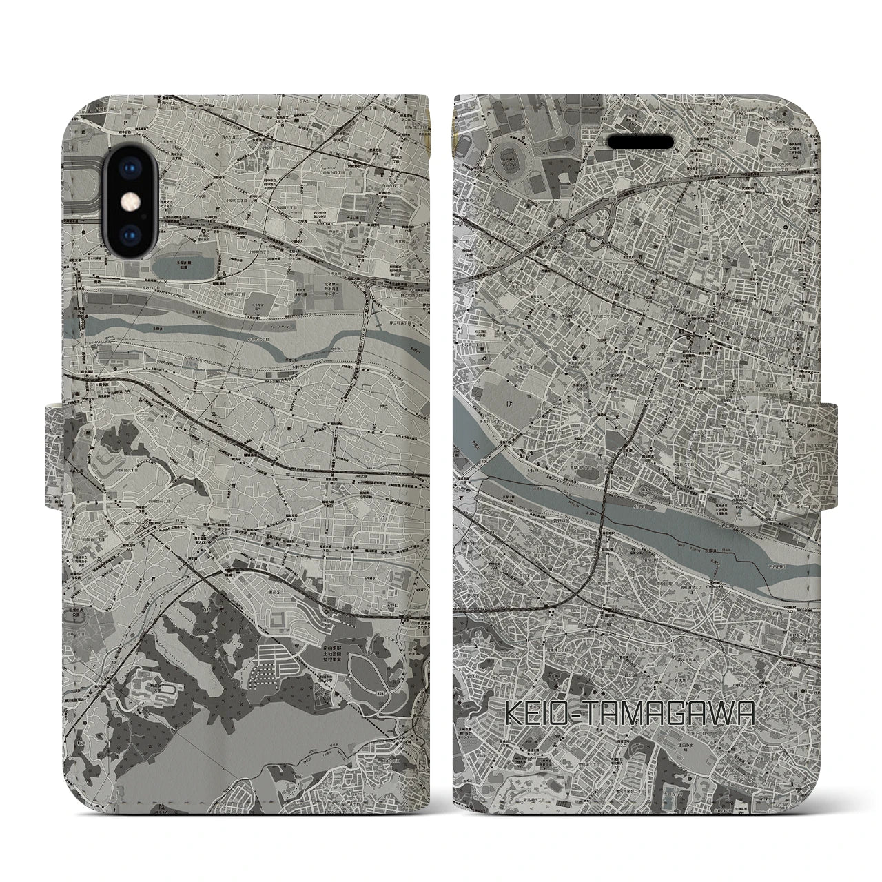 【京王多摩川(東京都)】地図柄iPhoneケース(手帳タイプ)モノトーン・iPhone XS / X 用