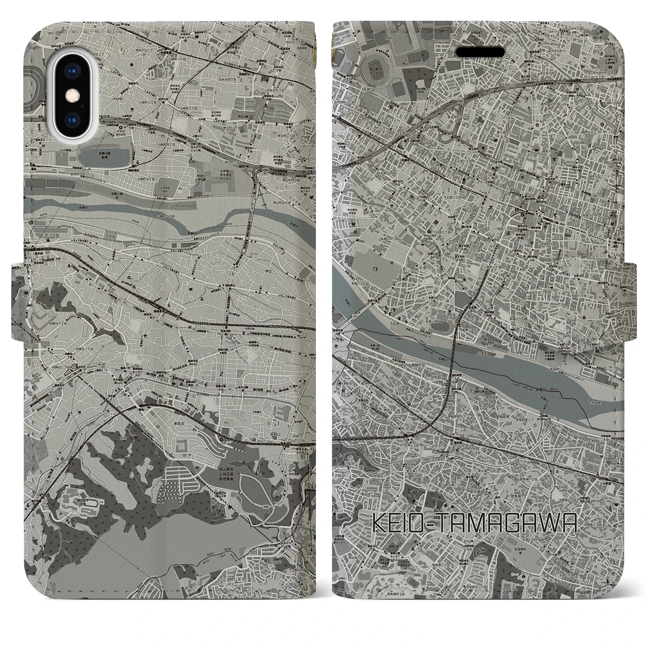 【京王多摩川(東京都)】地図柄iPhoneケース(手帳タイプ)モノトーン・iPhone XS Max 用