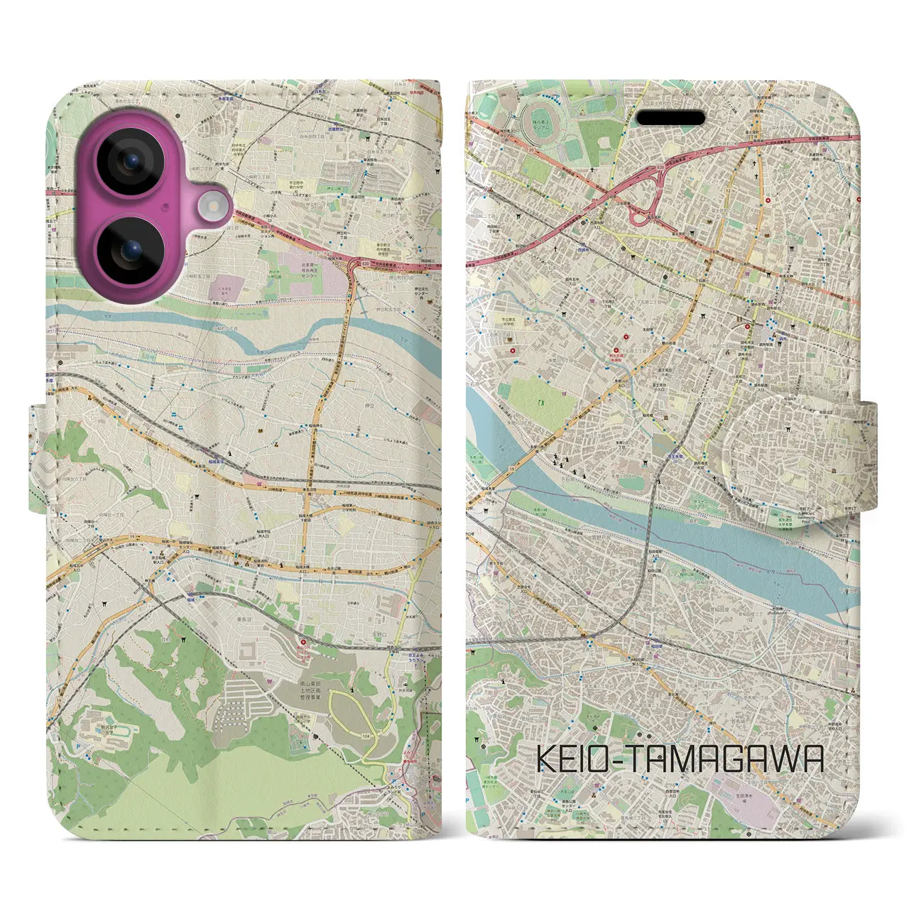 【京王多摩川(東京都)】地図柄iPhoneケース(手帳タイプ)ナチュラル・iPhone 16 Pro 用