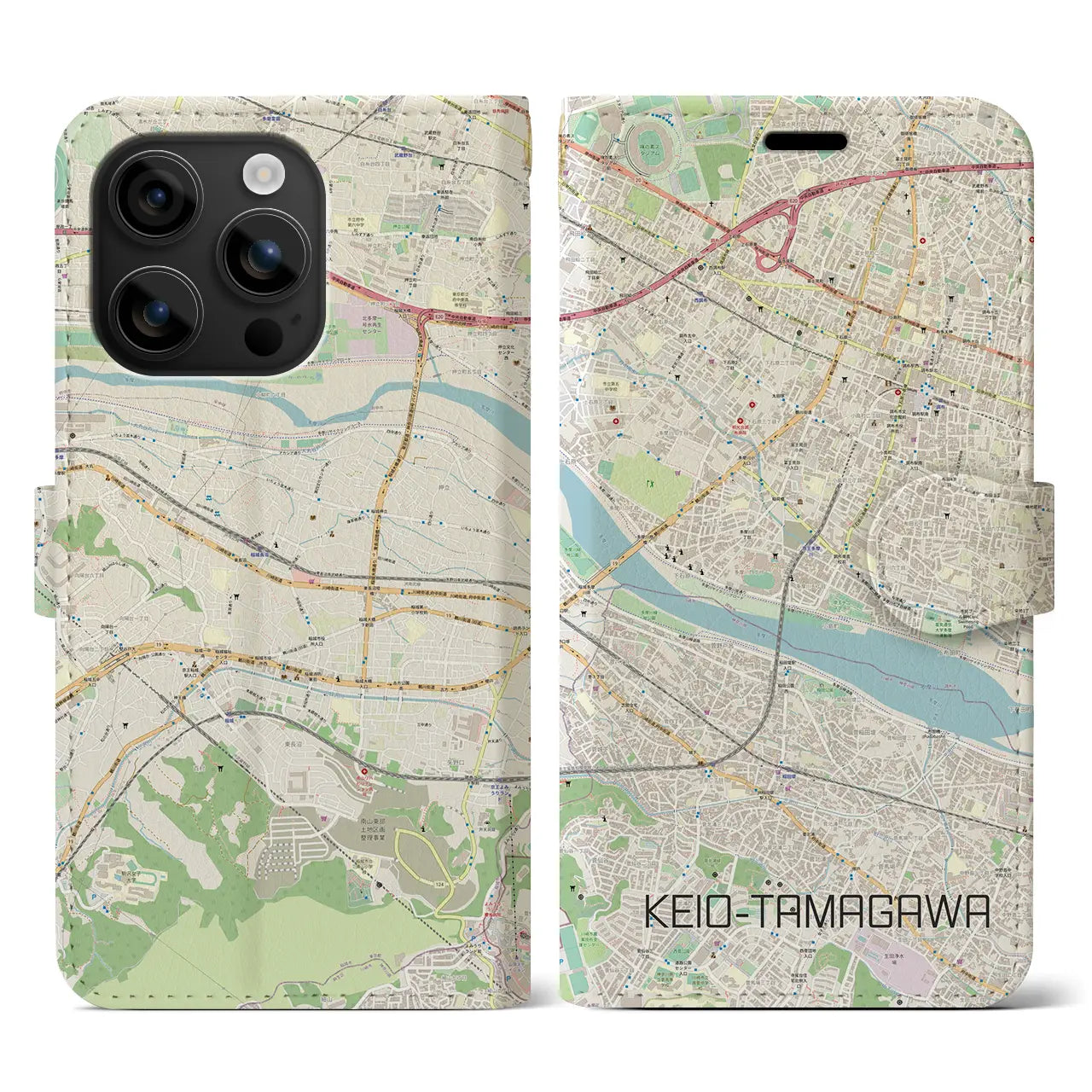【京王多摩川(東京都)】地図柄iPhoneケース(手帳タイプ)ナチュラル・iPhone 16 用