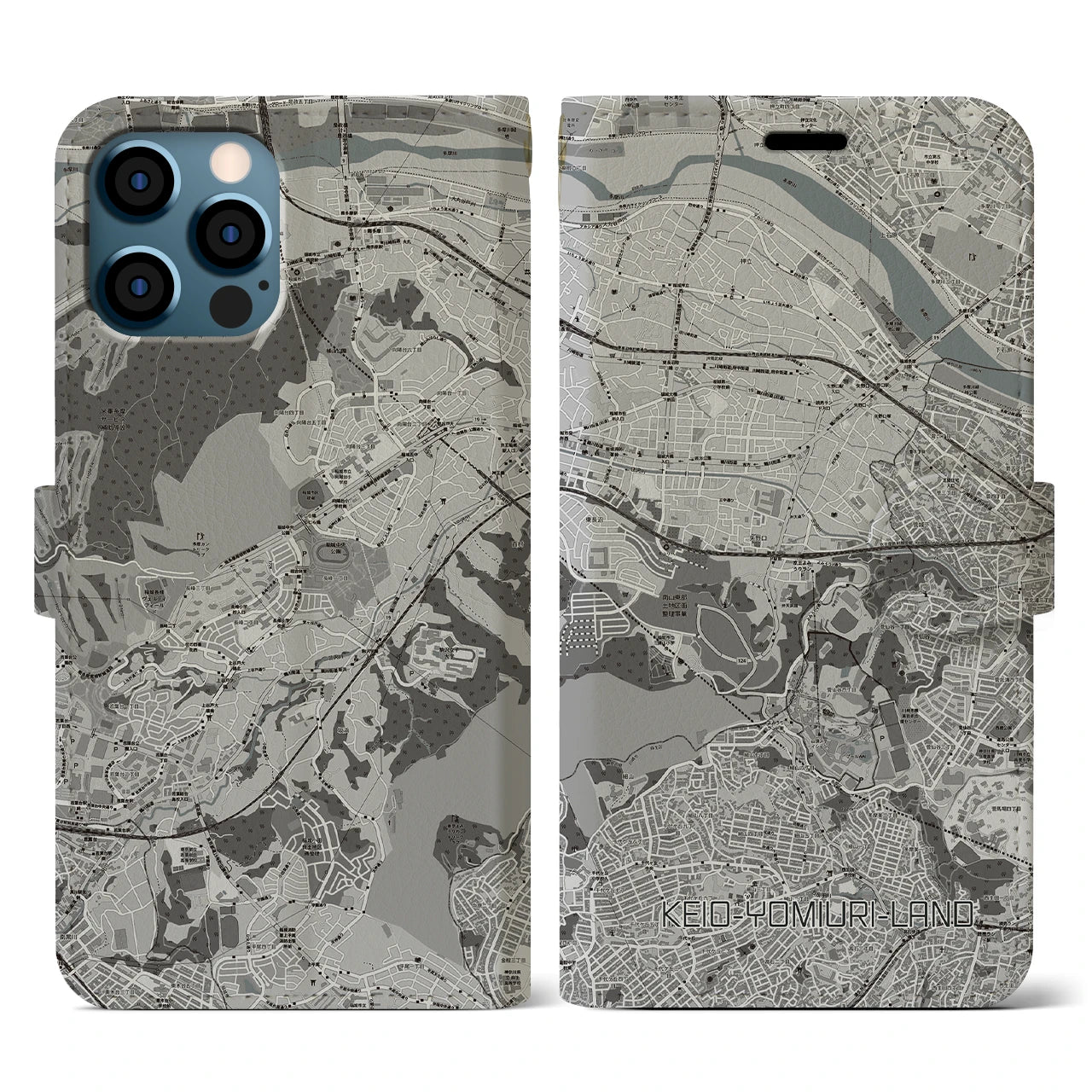 【京王よみうりランド(東京都)】地図柄iPhoneケース(手帳タイプ)モノトーン・iPhone 12 / 12 Pro 用