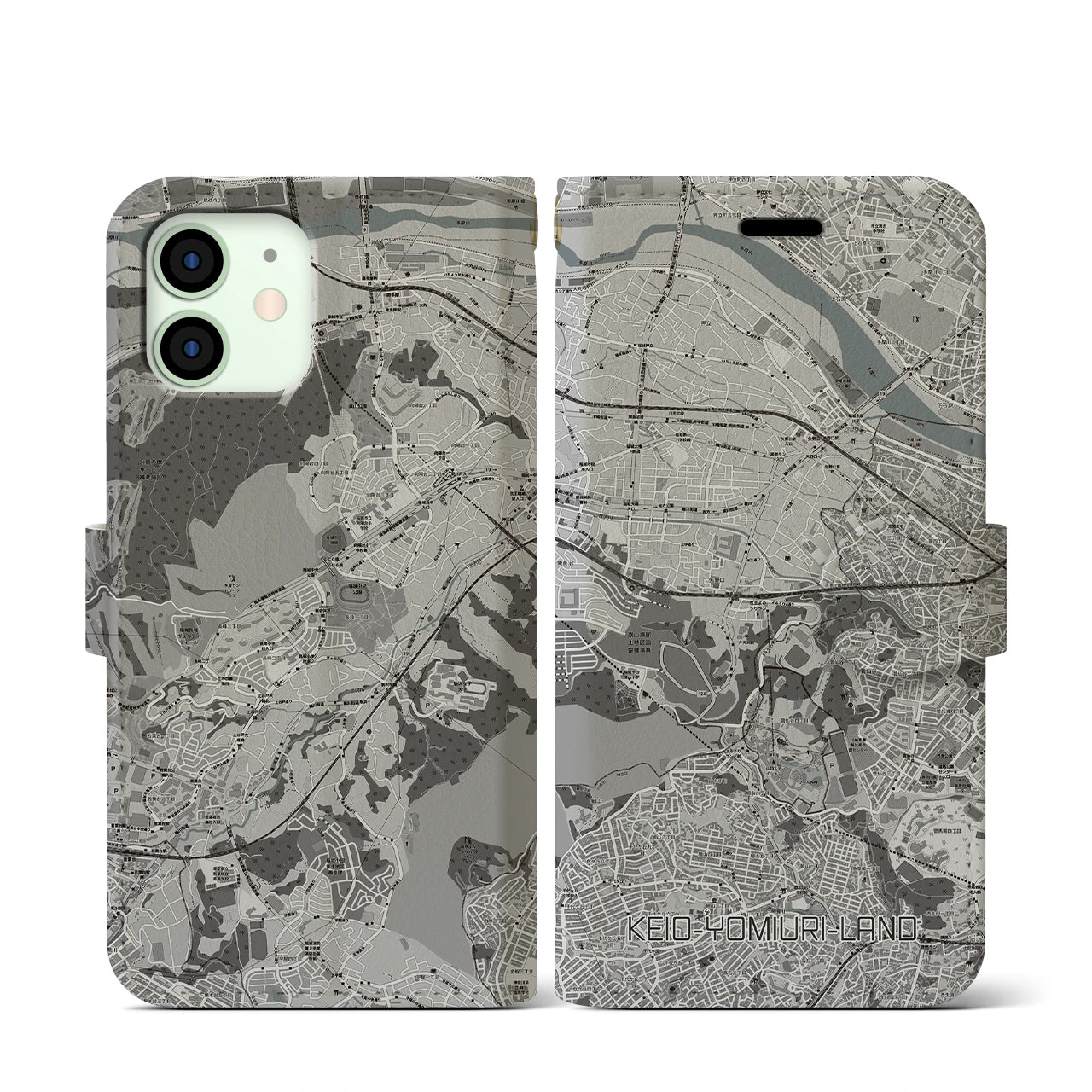 【京王よみうりランド(東京都)】地図柄iPhoneケース(手帳タイプ)モノトーン・iPhone 12 mini 用