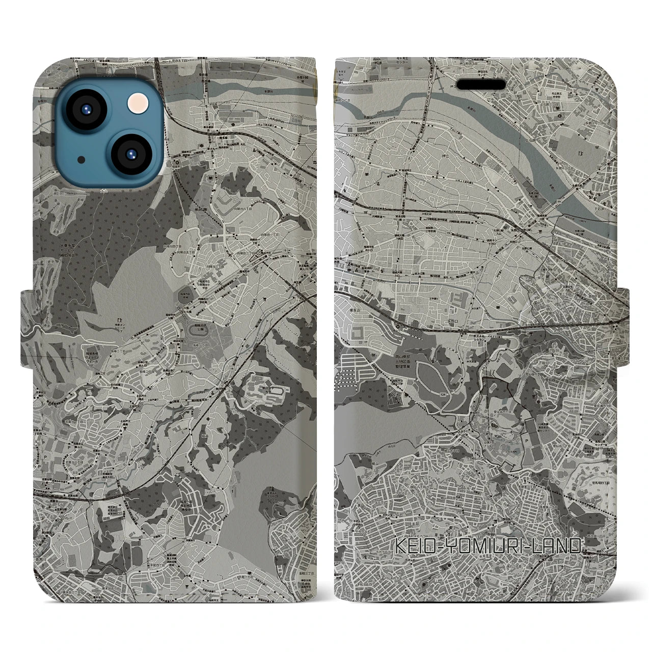 【京王よみうりランド(東京都)】地図柄iPhoneケース(手帳タイプ)モノトーン・iPhone 13 用