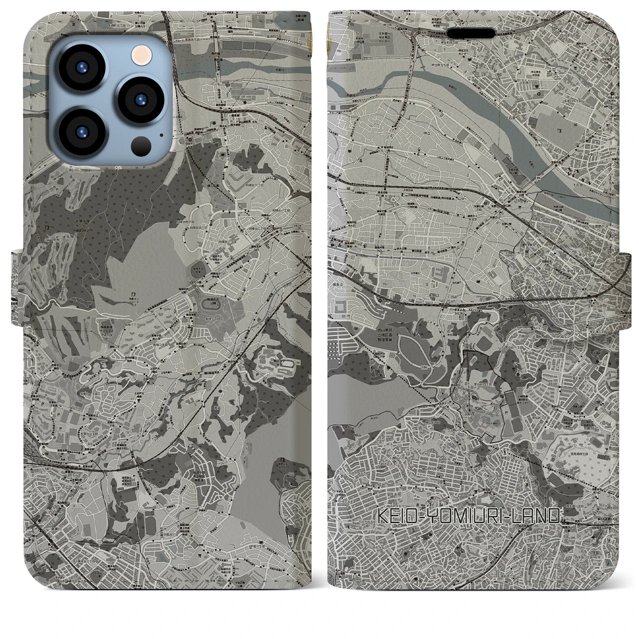 【京王よみうりランド(東京都)】地図柄iPhoneケース(手帳タイプ)モノトーン・iPhone 13 Pro Max 用