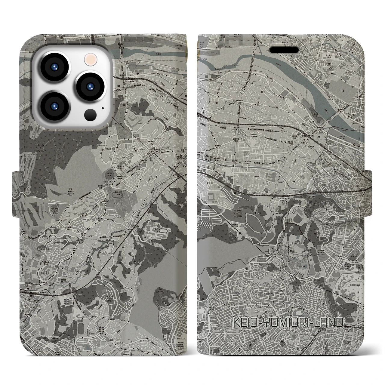 【京王よみうりランド(東京都)】地図柄iPhoneケース(手帳タイプ)モノトーン・iPhone 13 Pro 用