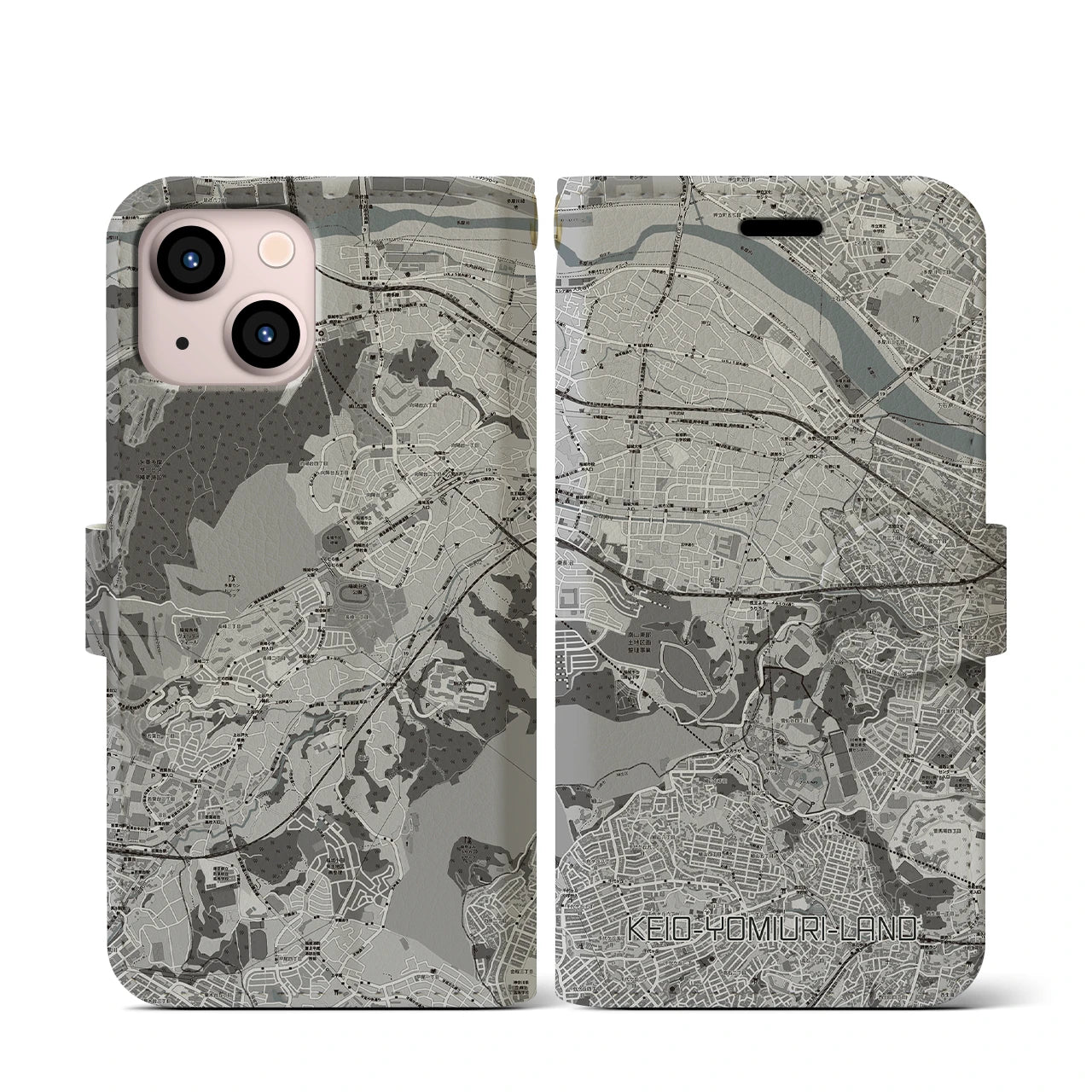 【京王よみうりランド(東京都)】地図柄iPhoneケース(手帳タイプ)モノトーン・iPhone 13 mini 用