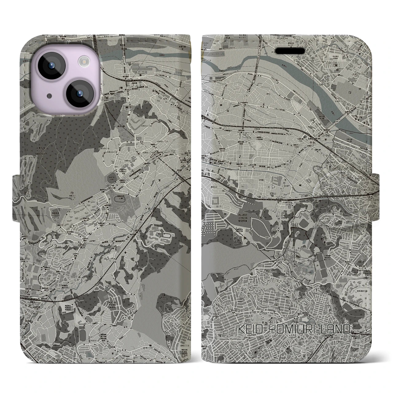 【京王よみうりランド(東京都)】地図柄iPhoneケース(手帳タイプ)モノトーン・iPhone 14 用