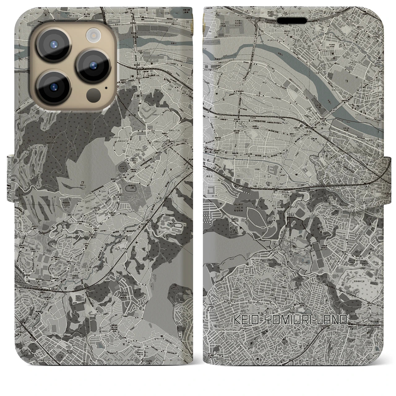 【京王よみうりランド(東京都)】地図柄iPhoneケース(手帳タイプ)モノトーン・iPhone 14 Pro Max 用