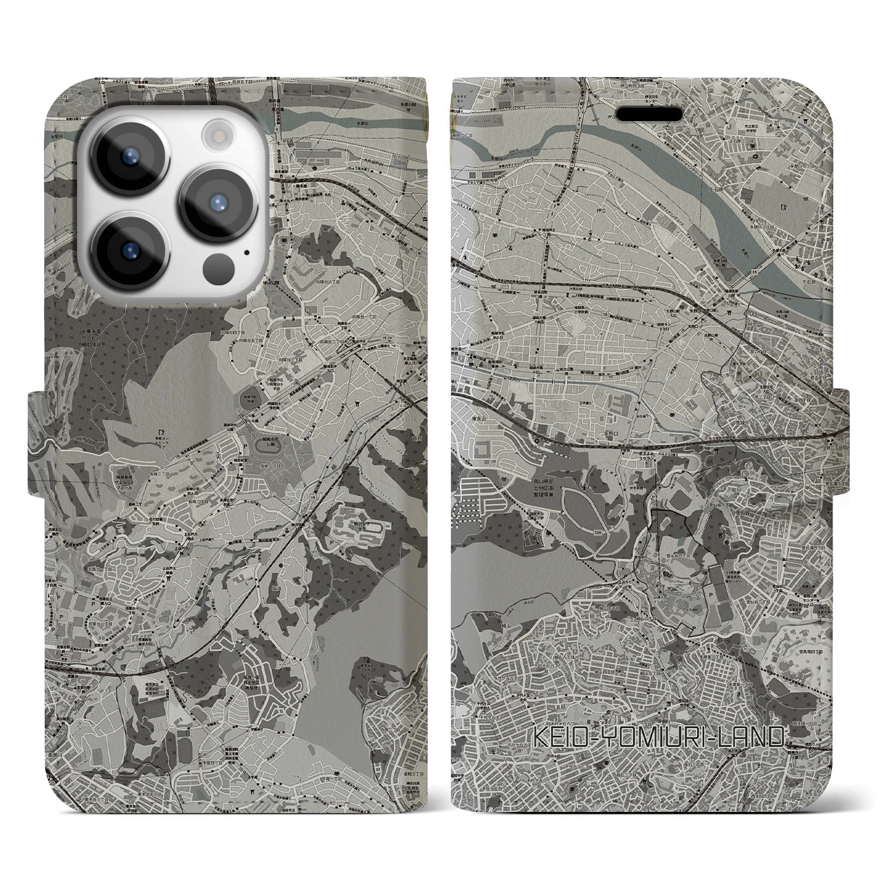 【京王よみうりランド(東京都)】地図柄iPhoneケース(手帳タイプ)モノトーン・iPhone 14 Pro 用