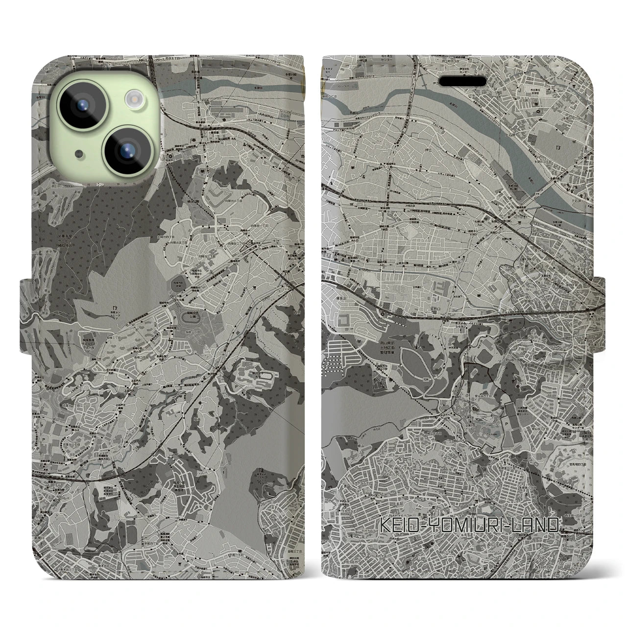 【京王よみうりランド(東京都)】地図柄iPhoneケース(手帳タイプ)モノトーン・iPhone 15 用