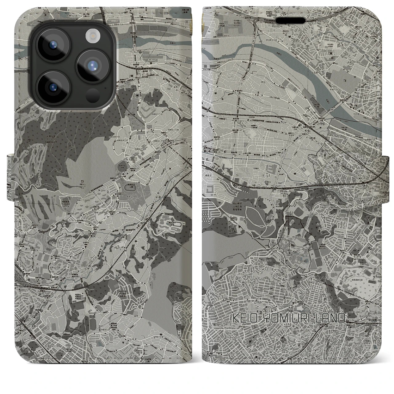 【京王よみうりランド(東京都)】地図柄iPhoneケース(手帳タイプ)モノトーン・iPhone 15 Pro Max 用
