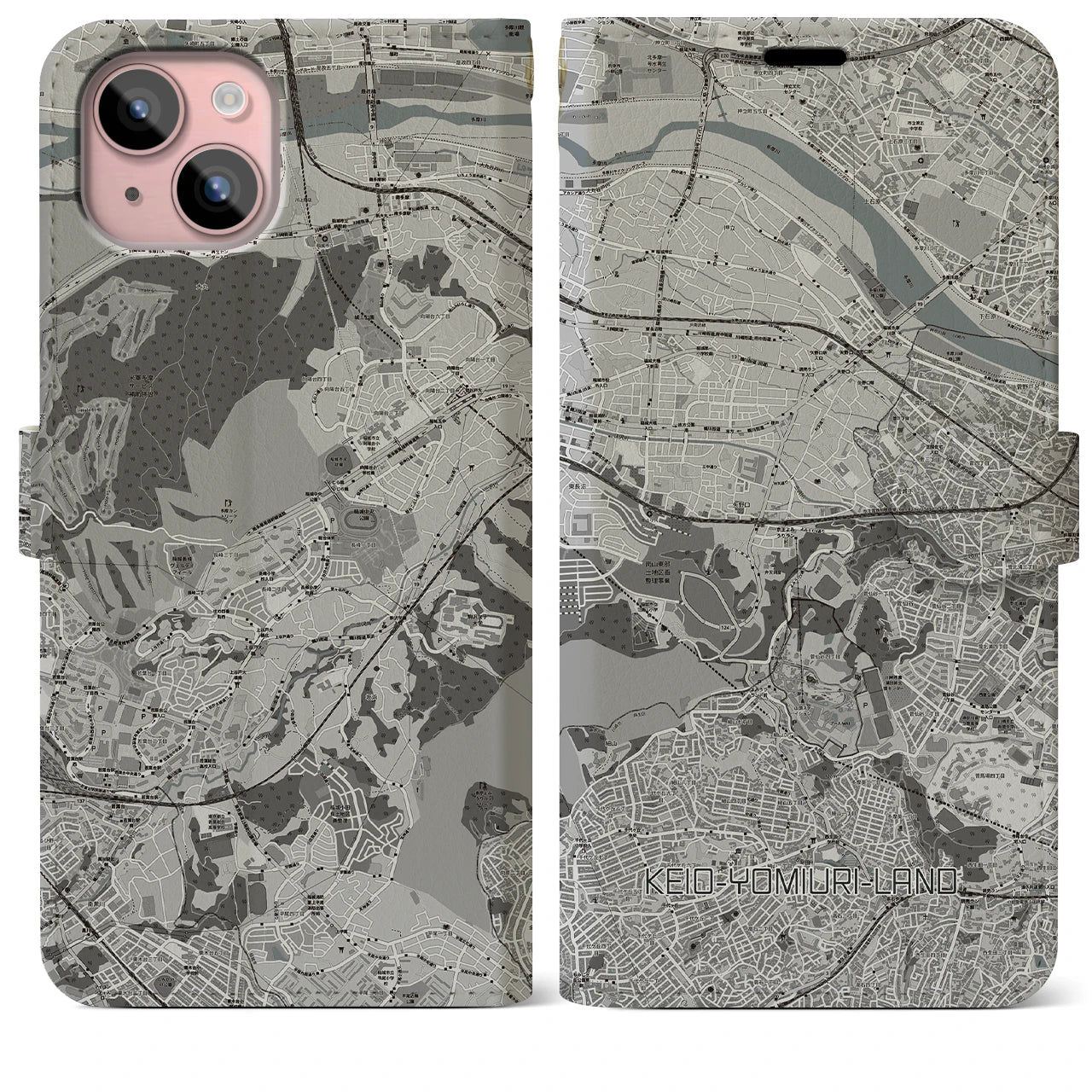 【京王よみうりランド(東京都)】地図柄iPhoneケース(手帳タイプ)モノトーン・iPhone 15 Plus 用