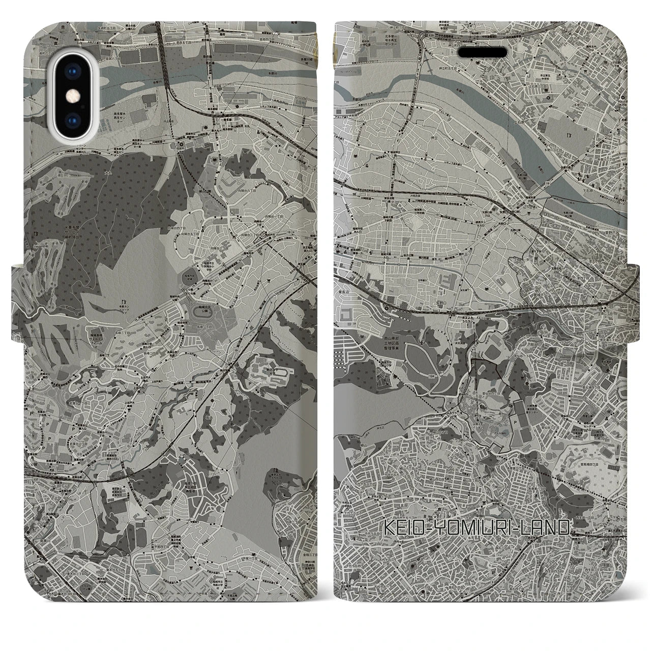 【京王よみうりランド(東京都)】地図柄iPhoneケース(手帳タイプ)モノトーン・iPhone XS Max 用