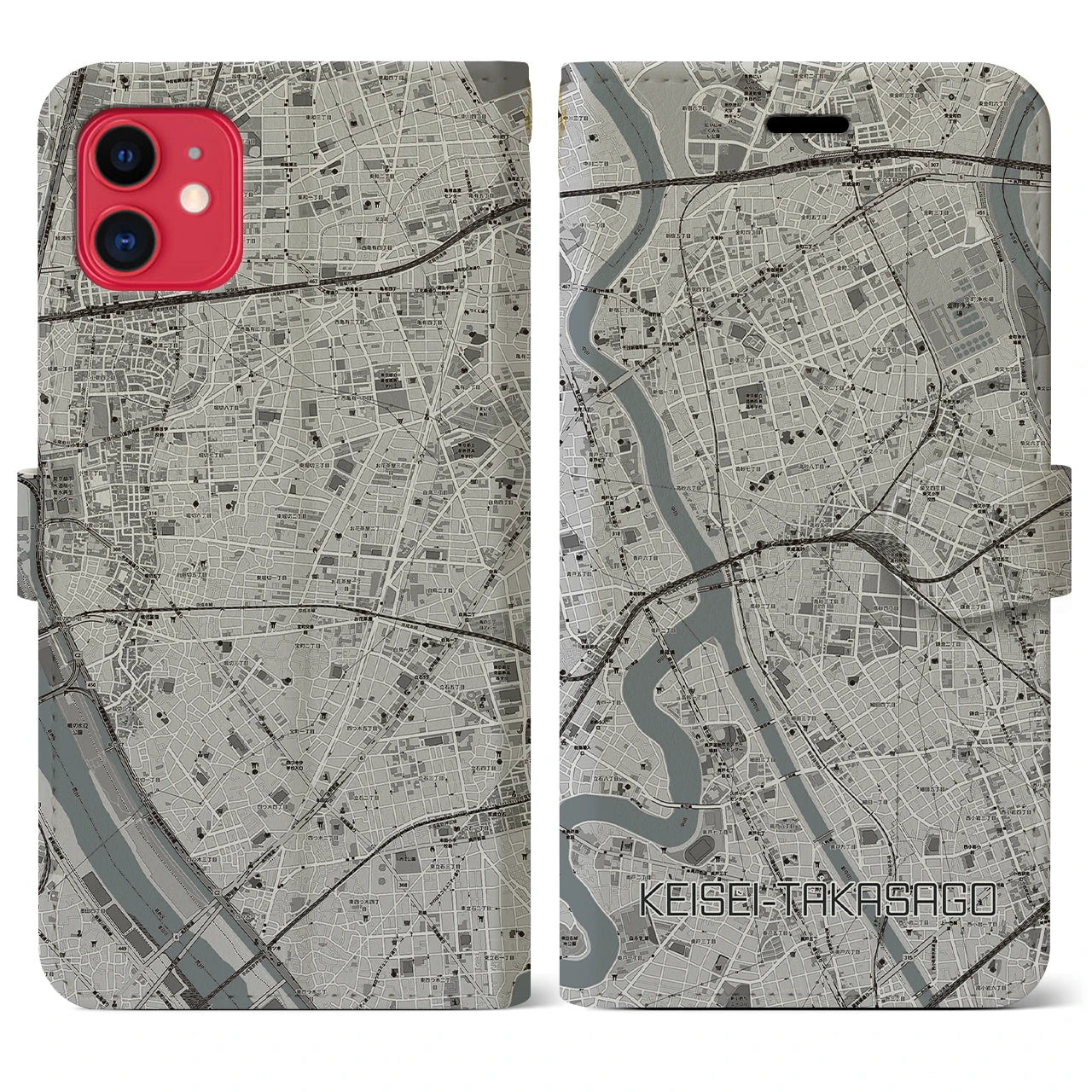 【京成高砂(東京都)】地図柄iPhoneケース(手帳タイプ)モノトーン・iPhone 11 用