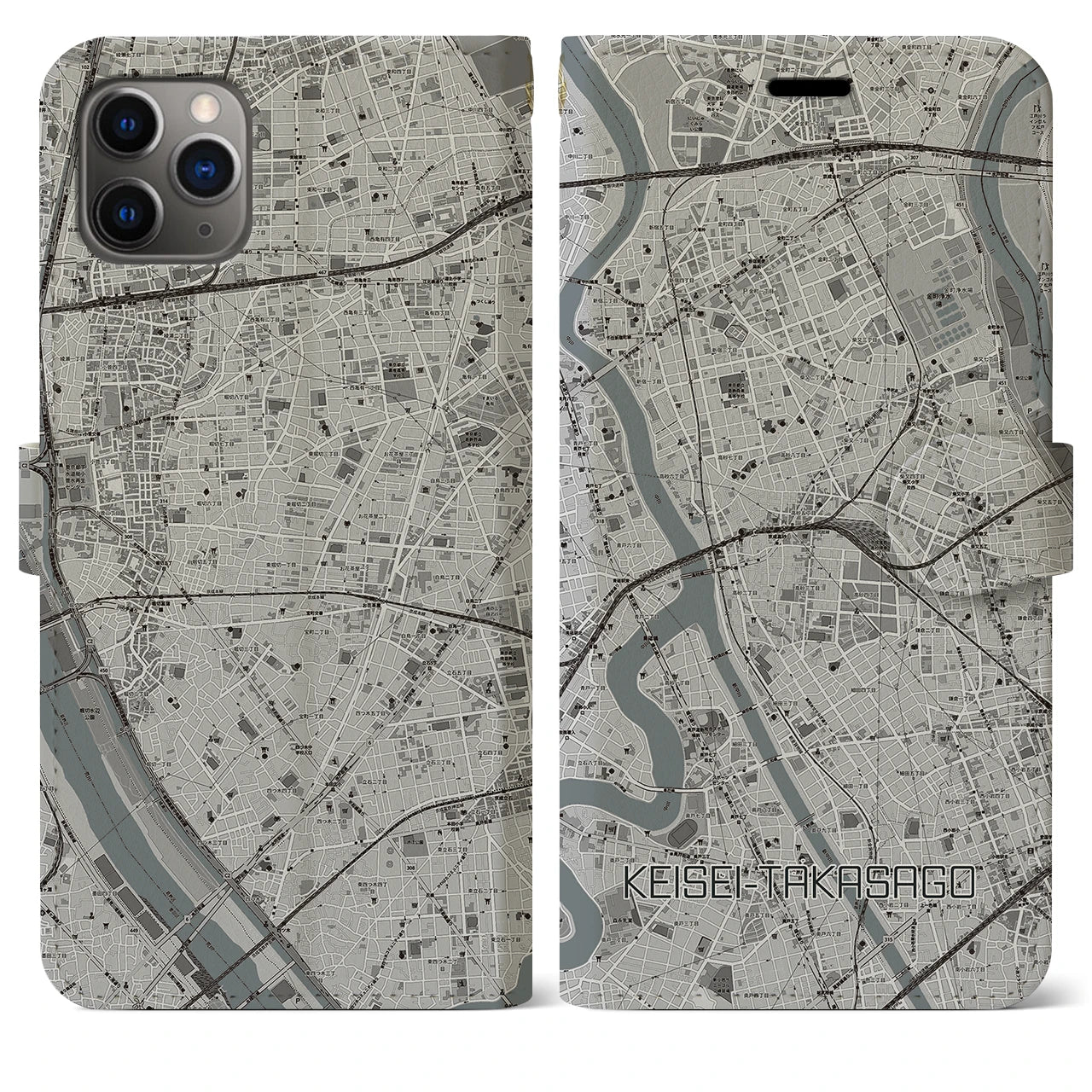 【京成高砂(東京都)】地図柄iPhoneケース(手帳タイプ)モノトーン・iPhone 11 Pro Max 用