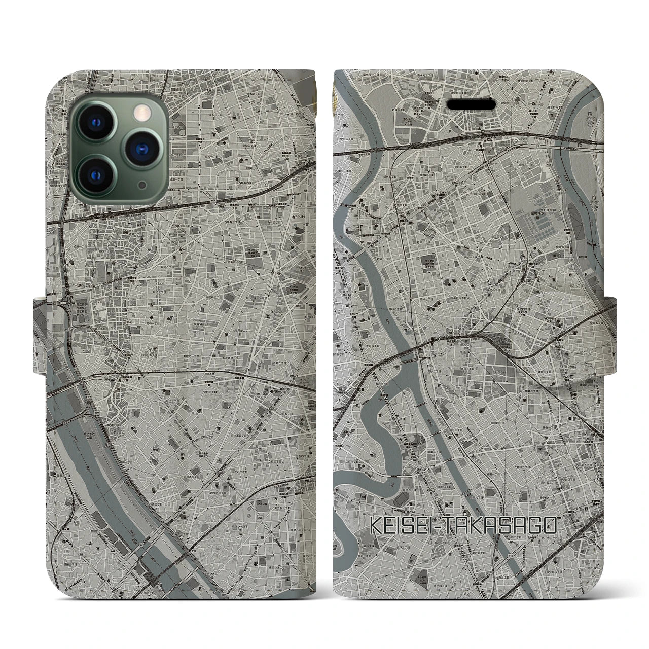 【京成高砂(東京都)】地図柄iPhoneケース(手帳タイプ)モノトーン・iPhone 11 Pro 用