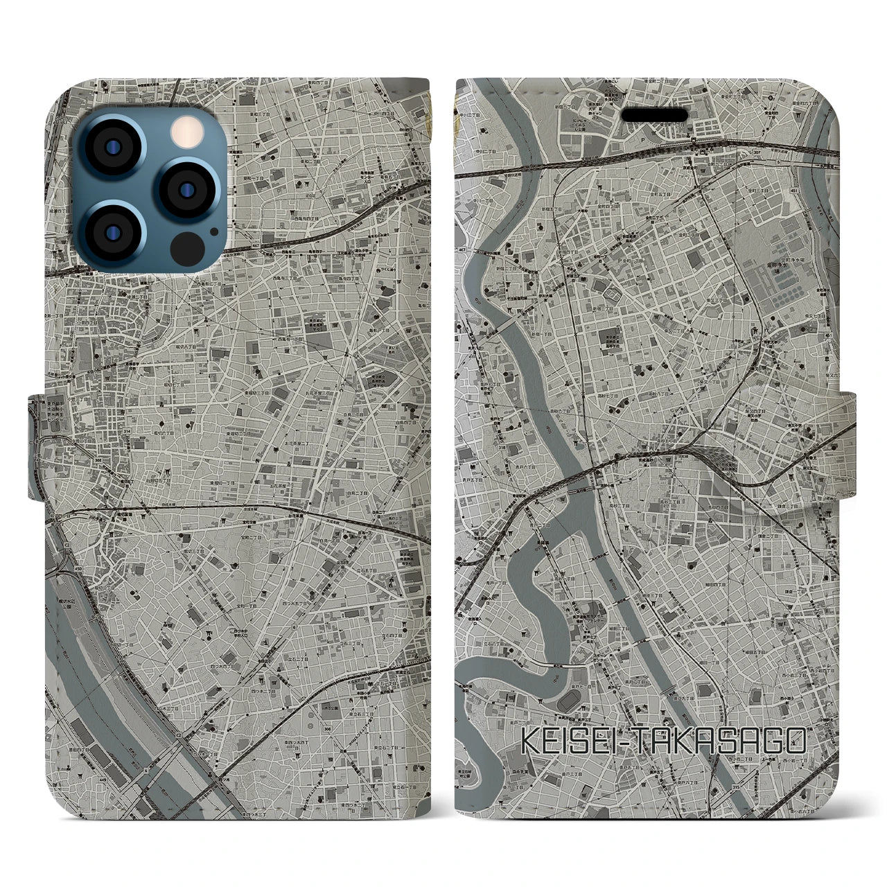 【京成高砂(東京都)】地図柄iPhoneケース(手帳タイプ)モノトーン・iPhone 12 / 12 Pro 用