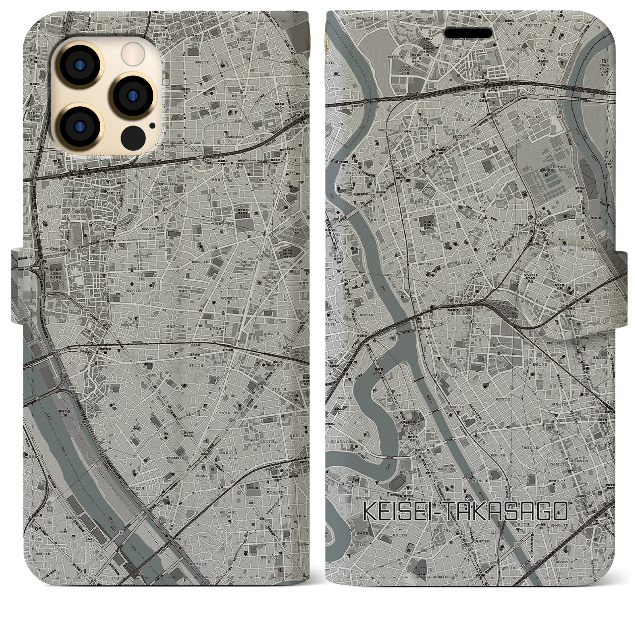 【京成高砂(東京都)】地図柄iPhoneケース(手帳タイプ)モノトーン・iPhone 12 Pro Max 用