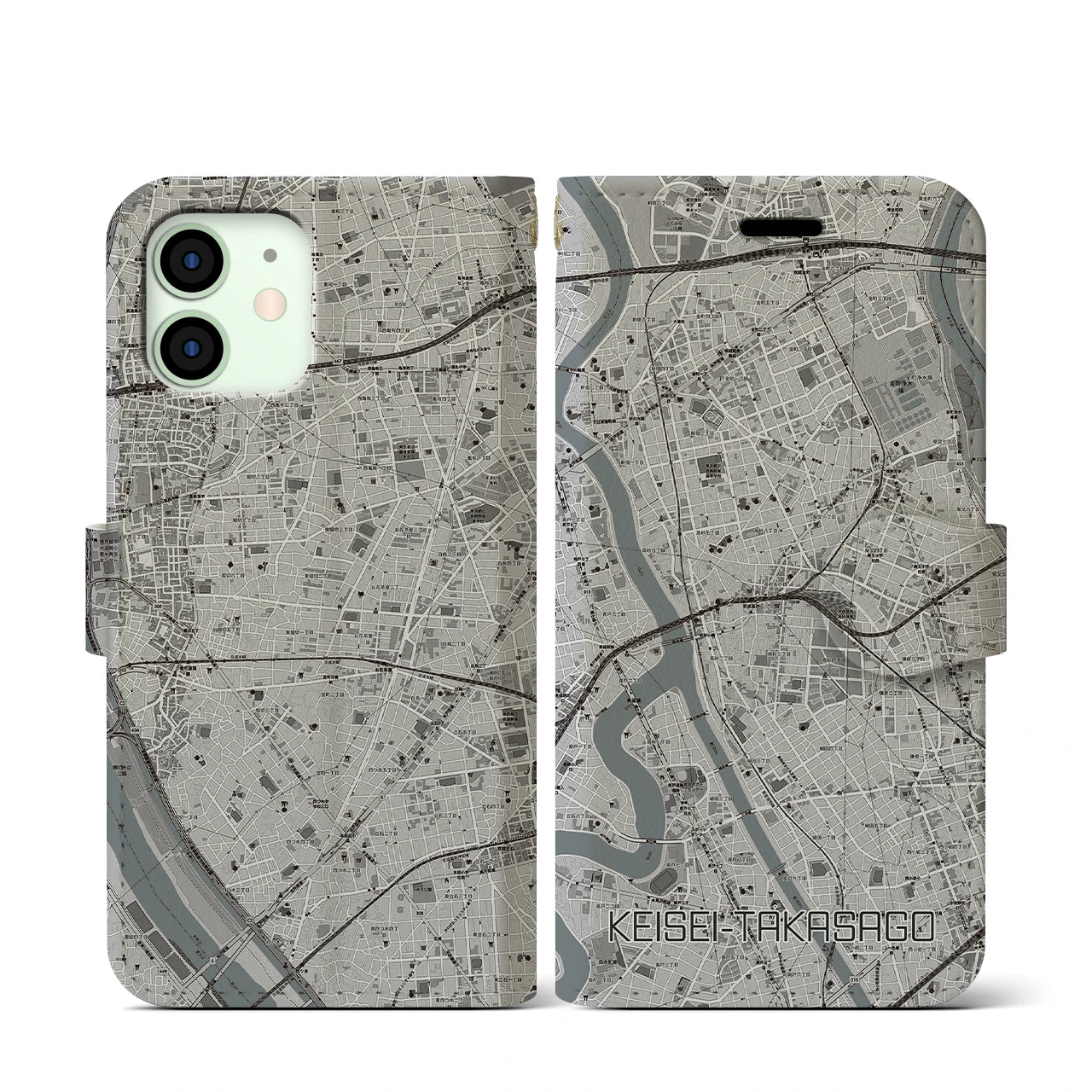 【京成高砂(東京都)】地図柄iPhoneケース(手帳タイプ)モノトーン・iPhone 12 mini 用