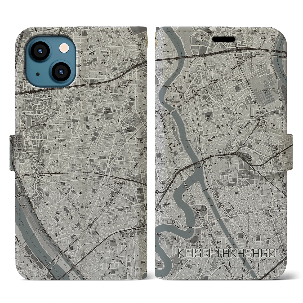 【京成高砂(東京都)】地図柄iPhoneケース(手帳タイプ)モノトーン・iPhone 13 用