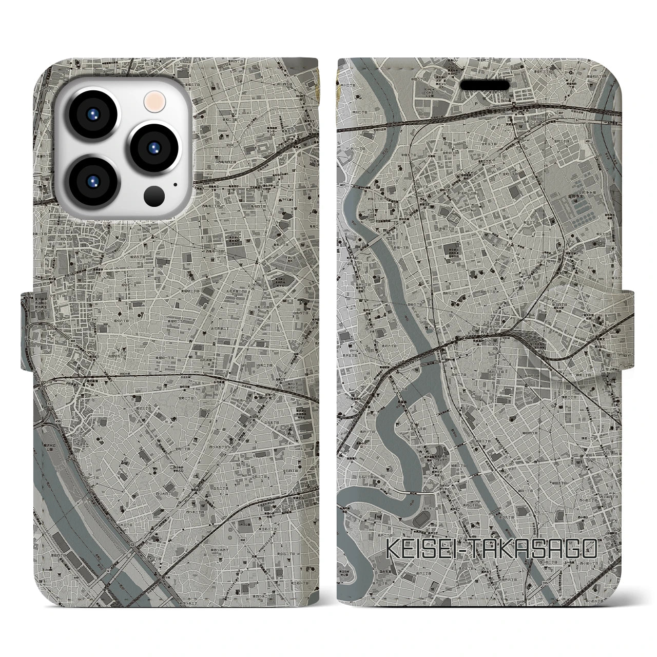 【京成高砂(東京都)】地図柄iPhoneケース(手帳タイプ)モノトーン・iPhone 13 Pro 用