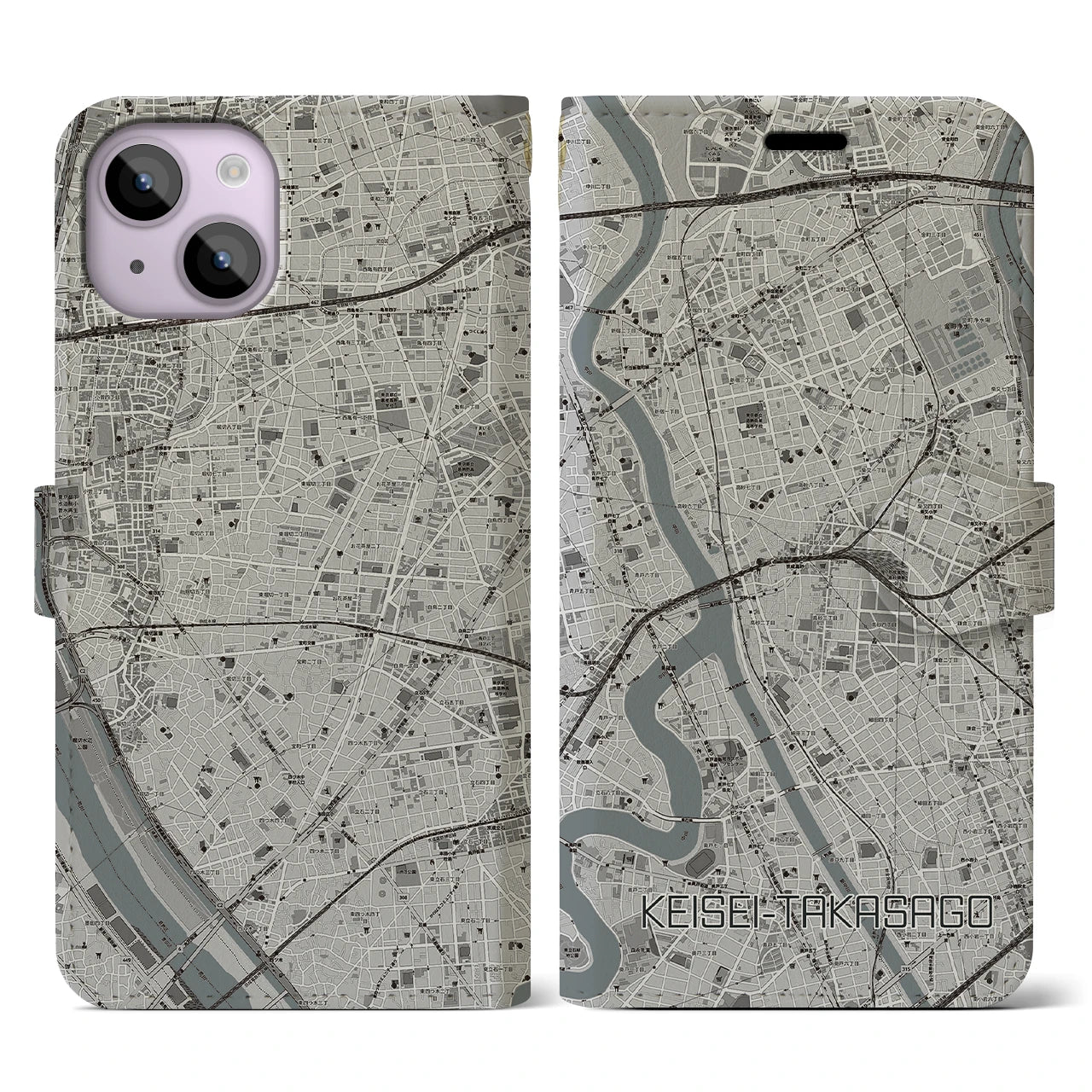 【京成高砂(東京都)】地図柄iPhoneケース(手帳タイプ)モノトーン・iPhone 14 用