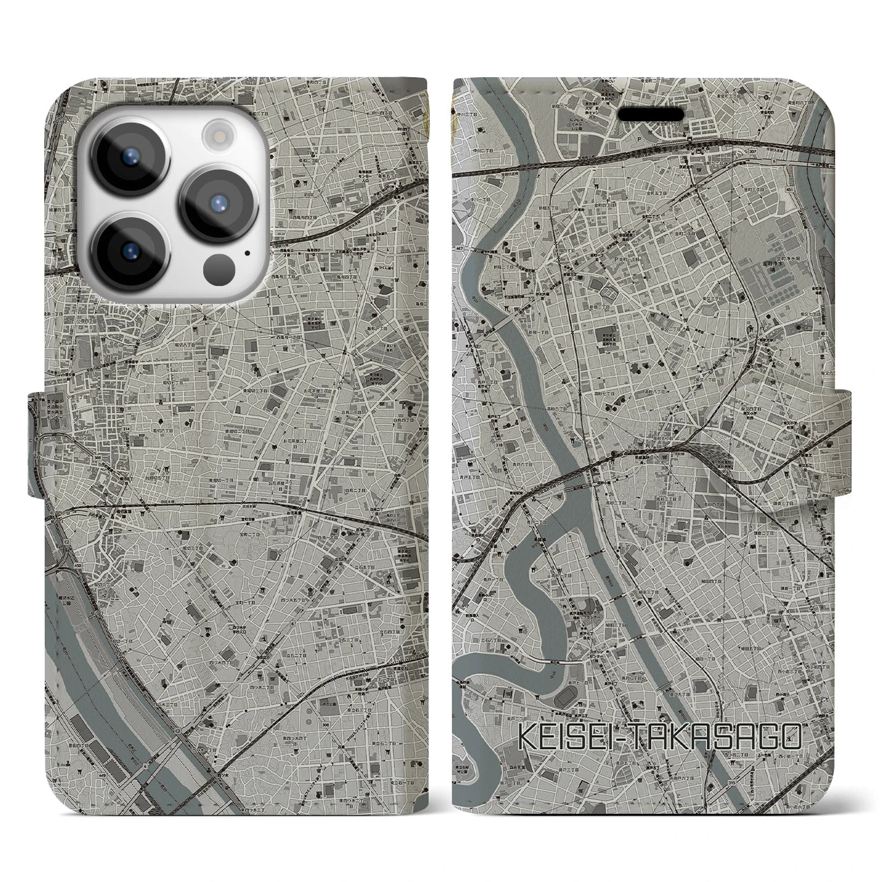 【京成高砂(東京都)】地図柄iPhoneケース(手帳タイプ)モノトーン・iPhone 14 Pro 用