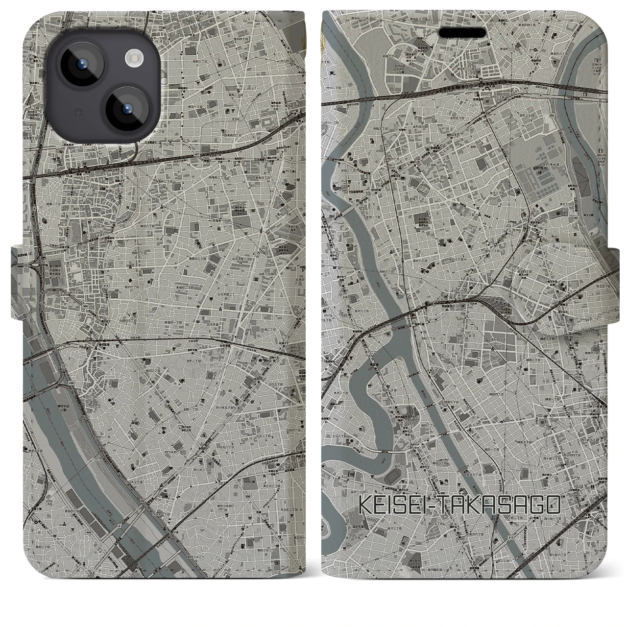 【京成高砂(東京都)】地図柄iPhoneケース(手帳タイプ)モノトーン・iPhone 14 Plus 用