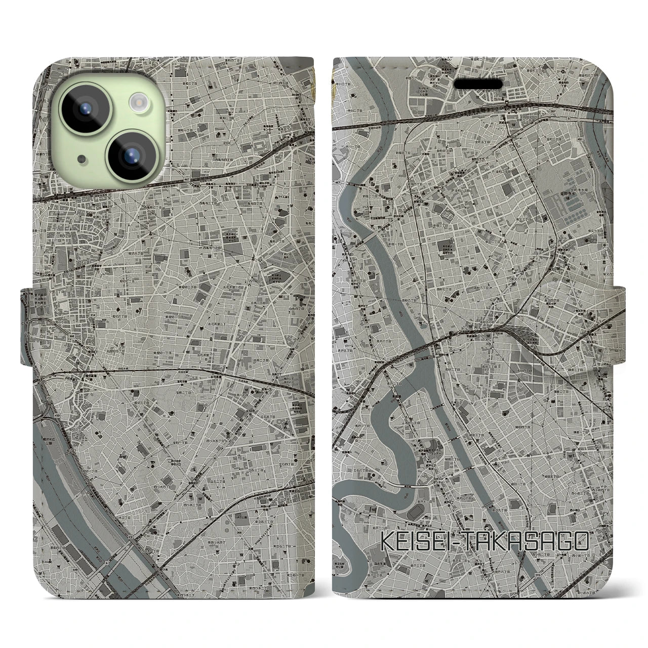 【京成高砂(東京都)】地図柄iPhoneケース(手帳タイプ)モノトーン・iPhone 15 用