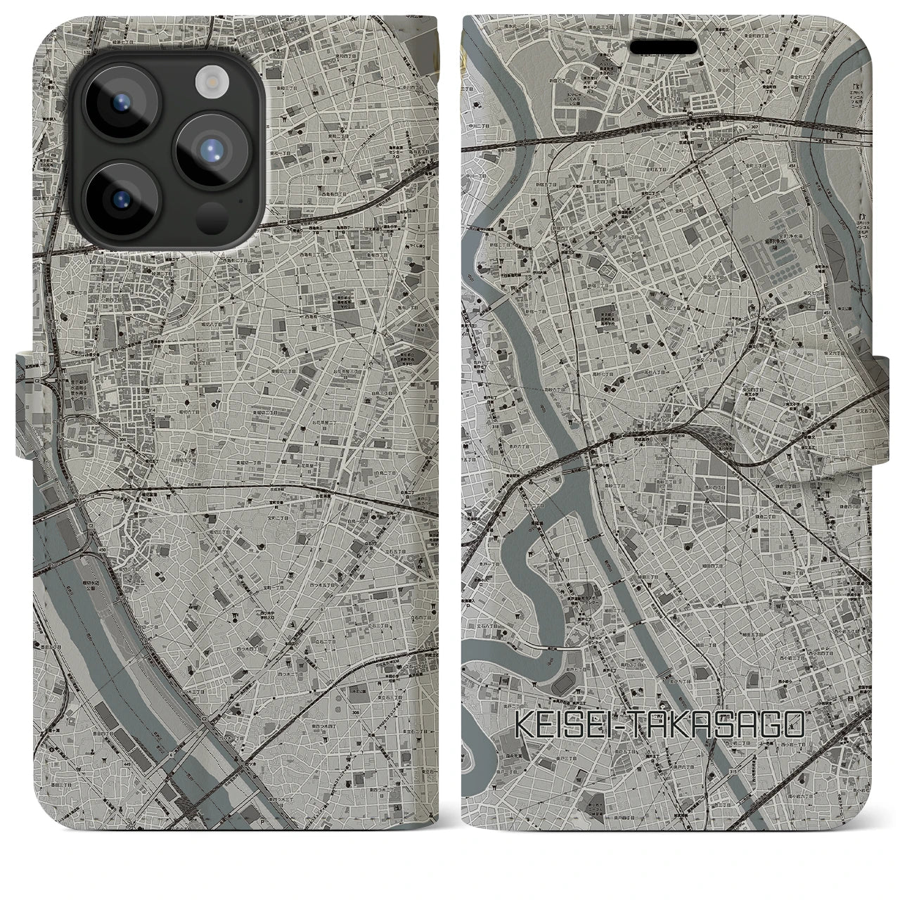 【京成高砂(東京都)】地図柄iPhoneケース(手帳タイプ)モノトーン・iPhone 15 Pro Max 用