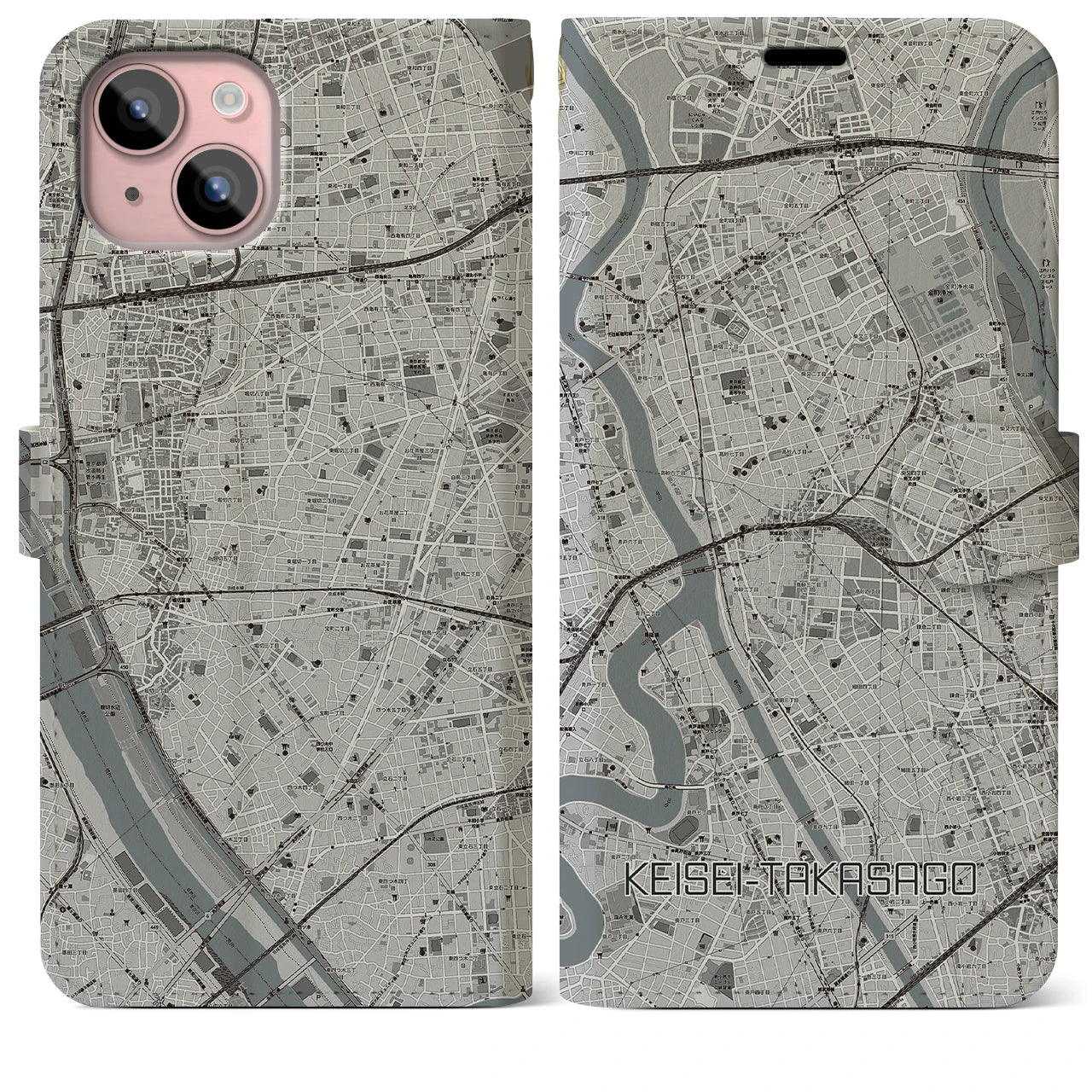 【京成高砂(東京都)】地図柄iPhoneケース(手帳タイプ)モノトーン・iPhone 15 Plus 用