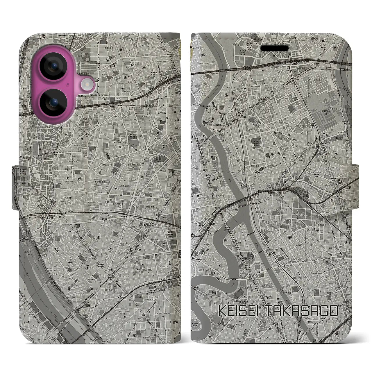 【京成高砂(東京都)】地図柄iPhoneケース(手帳タイプ)モノトーン・iPhone 16 Pro 用