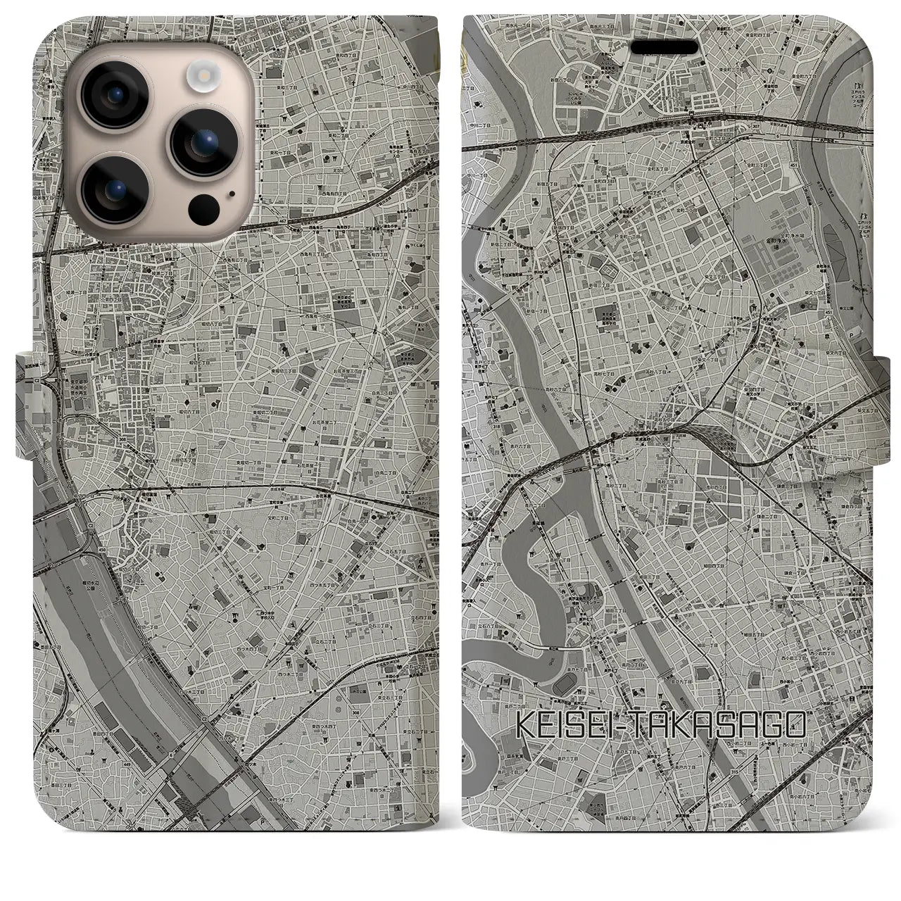 【京成高砂(東京都)】地図柄iPhoneケース(手帳タイプ)モノトーン・iPhone 16 Plus 用