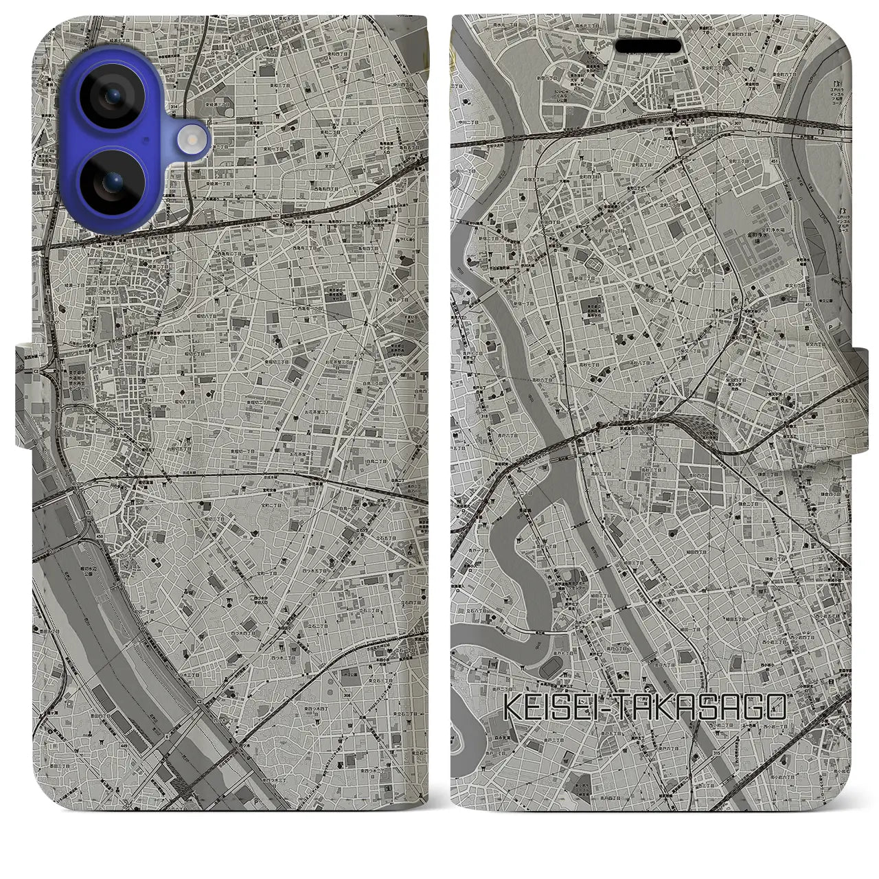 【京成高砂(東京都)】地図柄iPhoneケース(手帳タイプ)モノトーン・iPhone 16 Pro Max 用