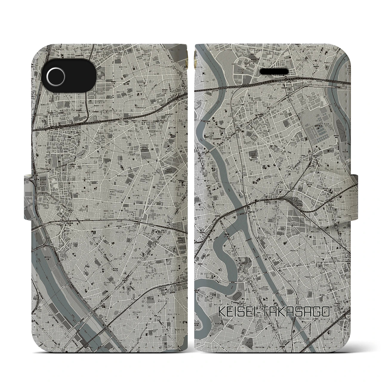 【京成高砂(東京都)】地図柄iPhoneケース(手帳タイプ)モノトーン・iPhone SE(第3 / 第2世代) / 8 / 7 / 6s / 6 用