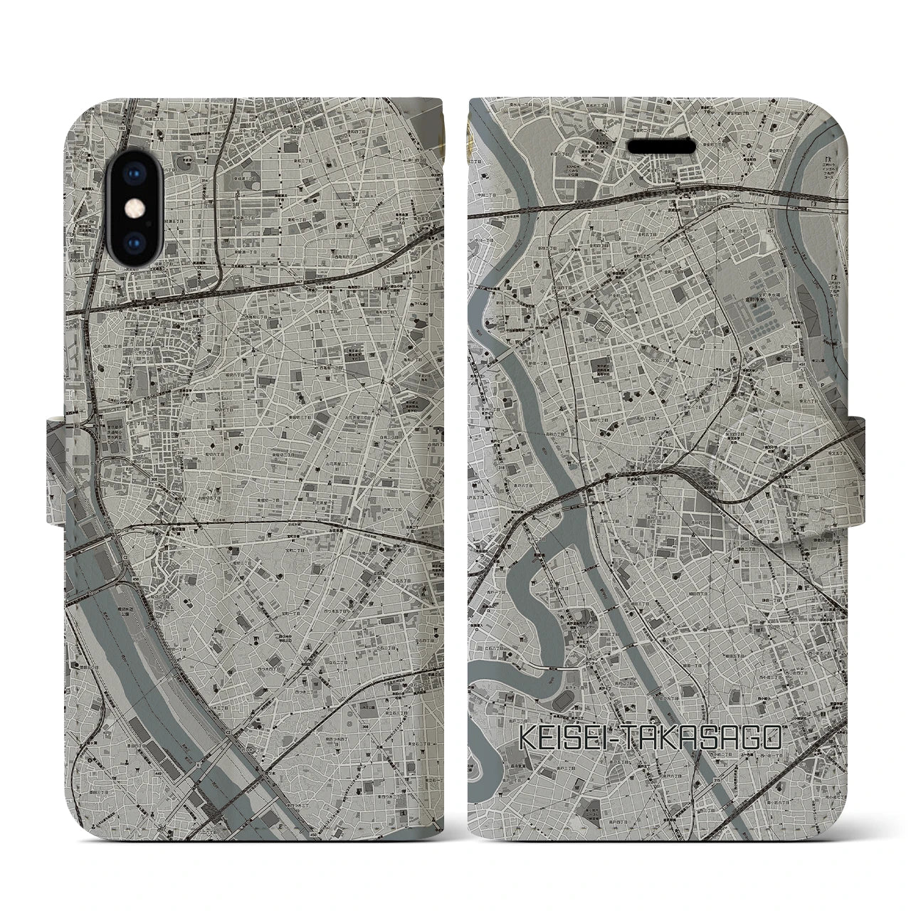 【京成高砂(東京都)】地図柄iPhoneケース(手帳タイプ)モノトーン・iPhone XS / X 用