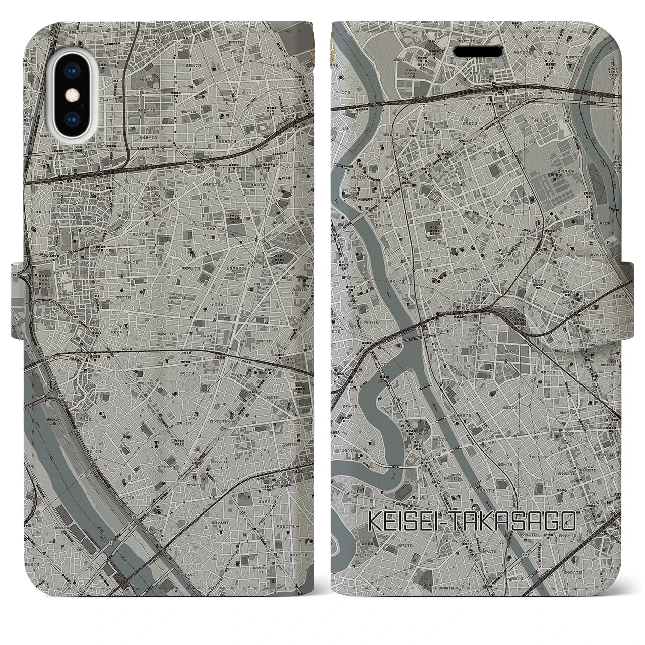【京成高砂(東京都)】地図柄iPhoneケース(手帳タイプ)モノトーン・iPhone XS Max 用