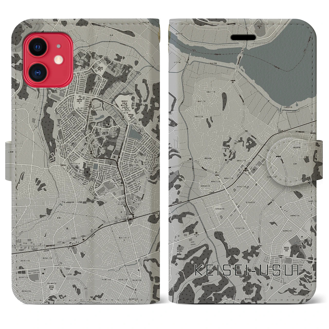 【京成臼井(千葉県)】地図柄iPhoneケース(手帳タイプ)モノトーン・iPhone 11 用