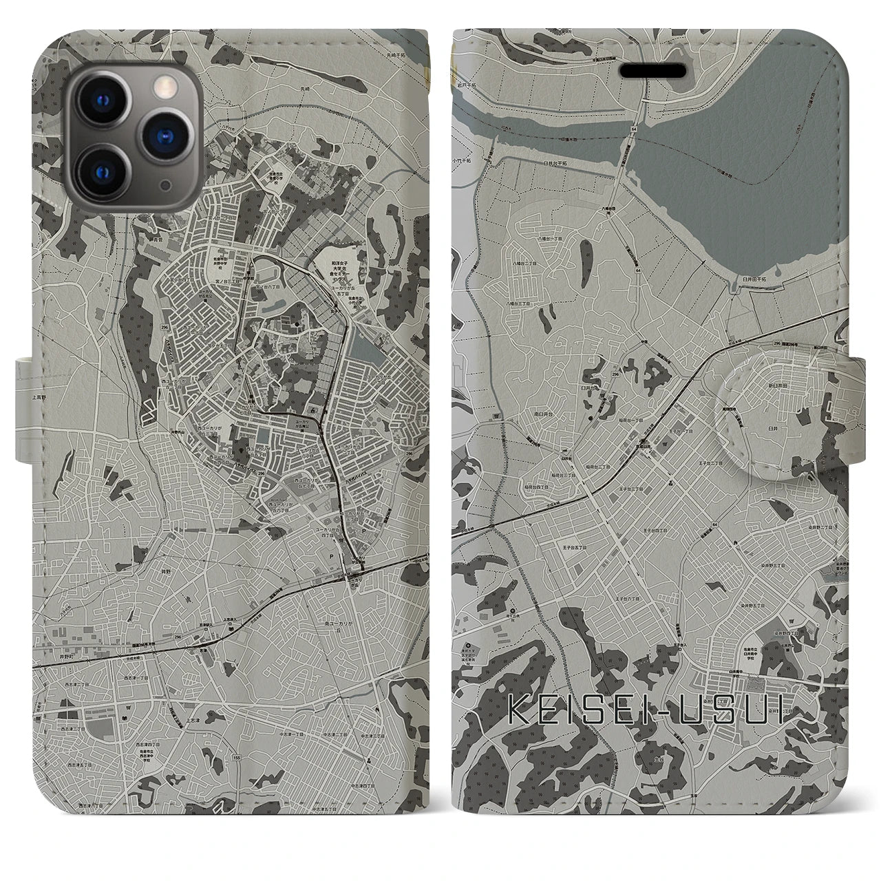 【京成臼井(千葉県)】地図柄iPhoneケース(手帳タイプ)モノトーン・iPhone 11 Pro Max 用