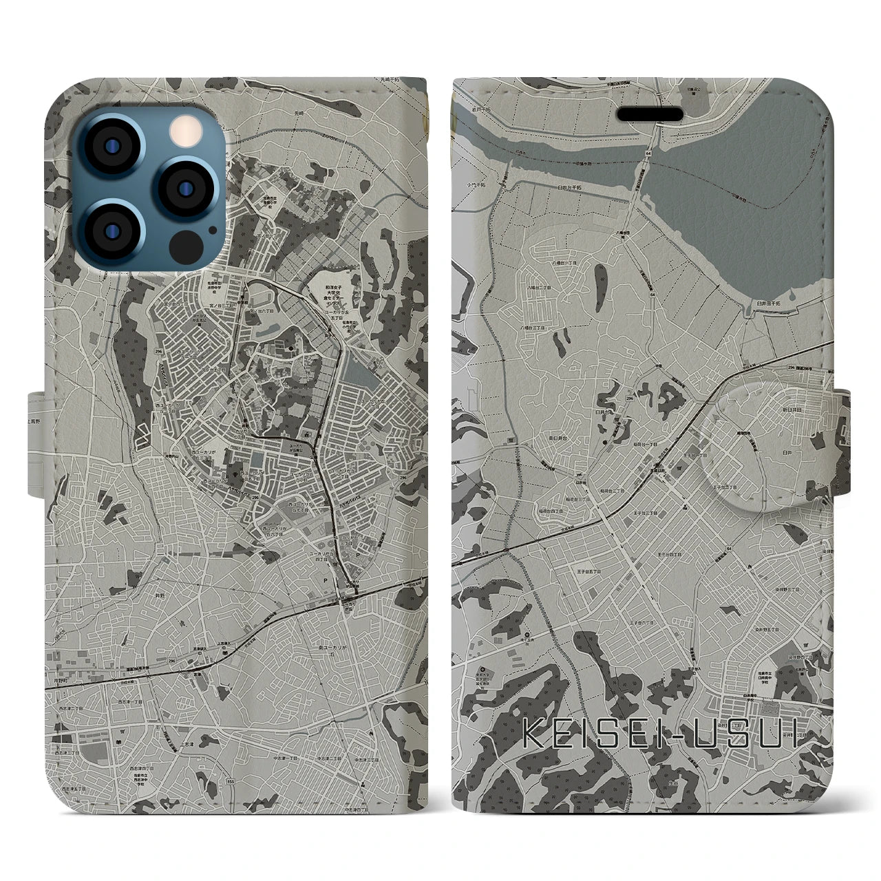 【京成臼井(千葉県)】地図柄iPhoneケース(手帳タイプ)モノトーン・iPhone 12 / 12 Pro 用