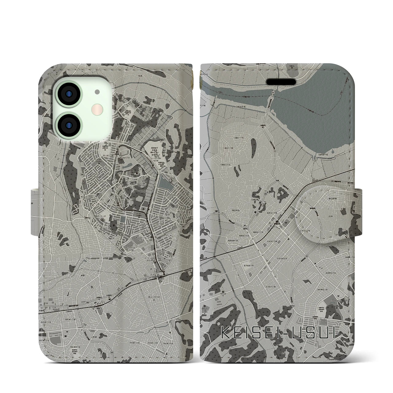 【京成臼井(千葉県)】地図柄iPhoneケース(手帳タイプ)モノトーン・iPhone 12 mini 用