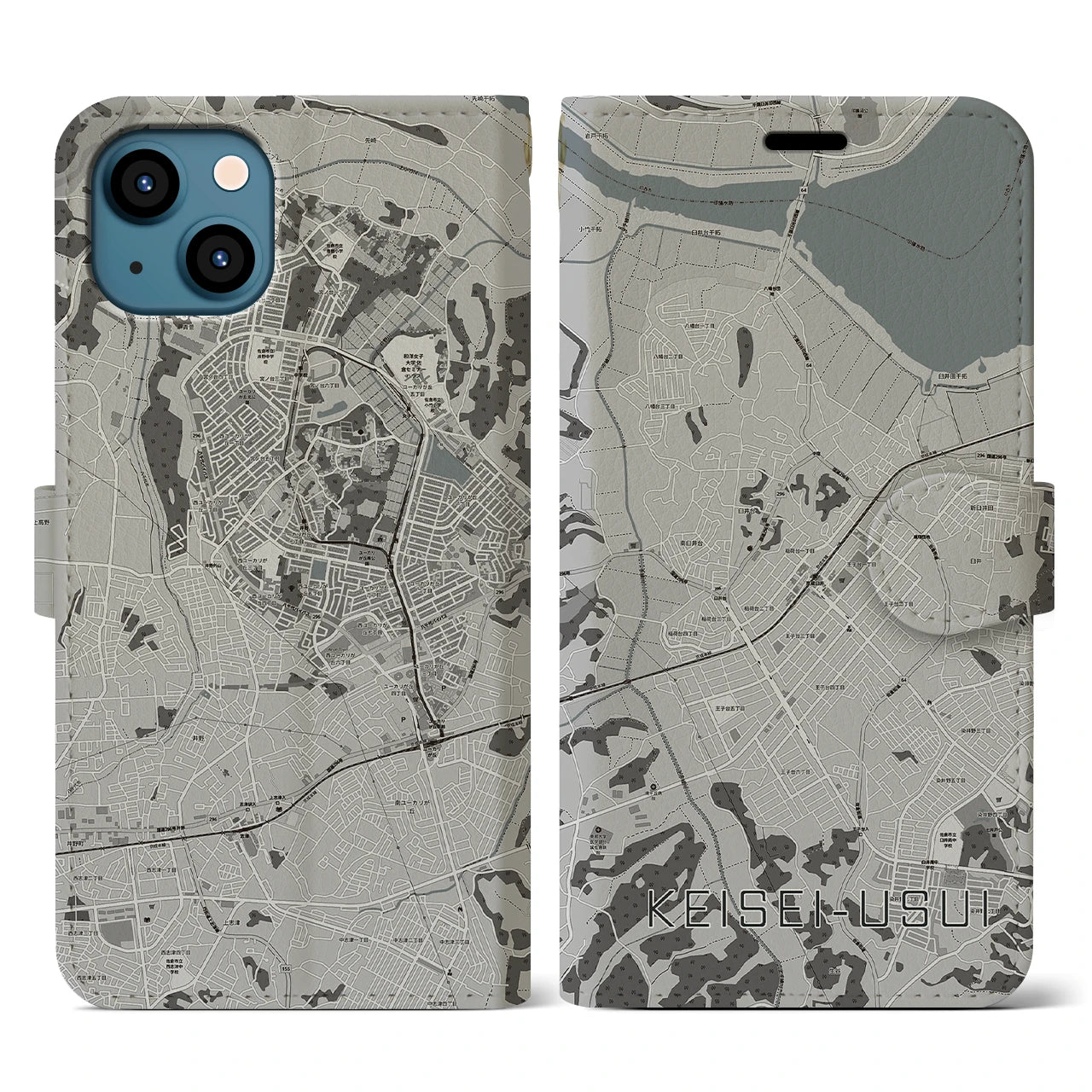 【京成臼井(千葉県)】地図柄iPhoneケース(手帳タイプ)モノトーン・iPhone 13 用
